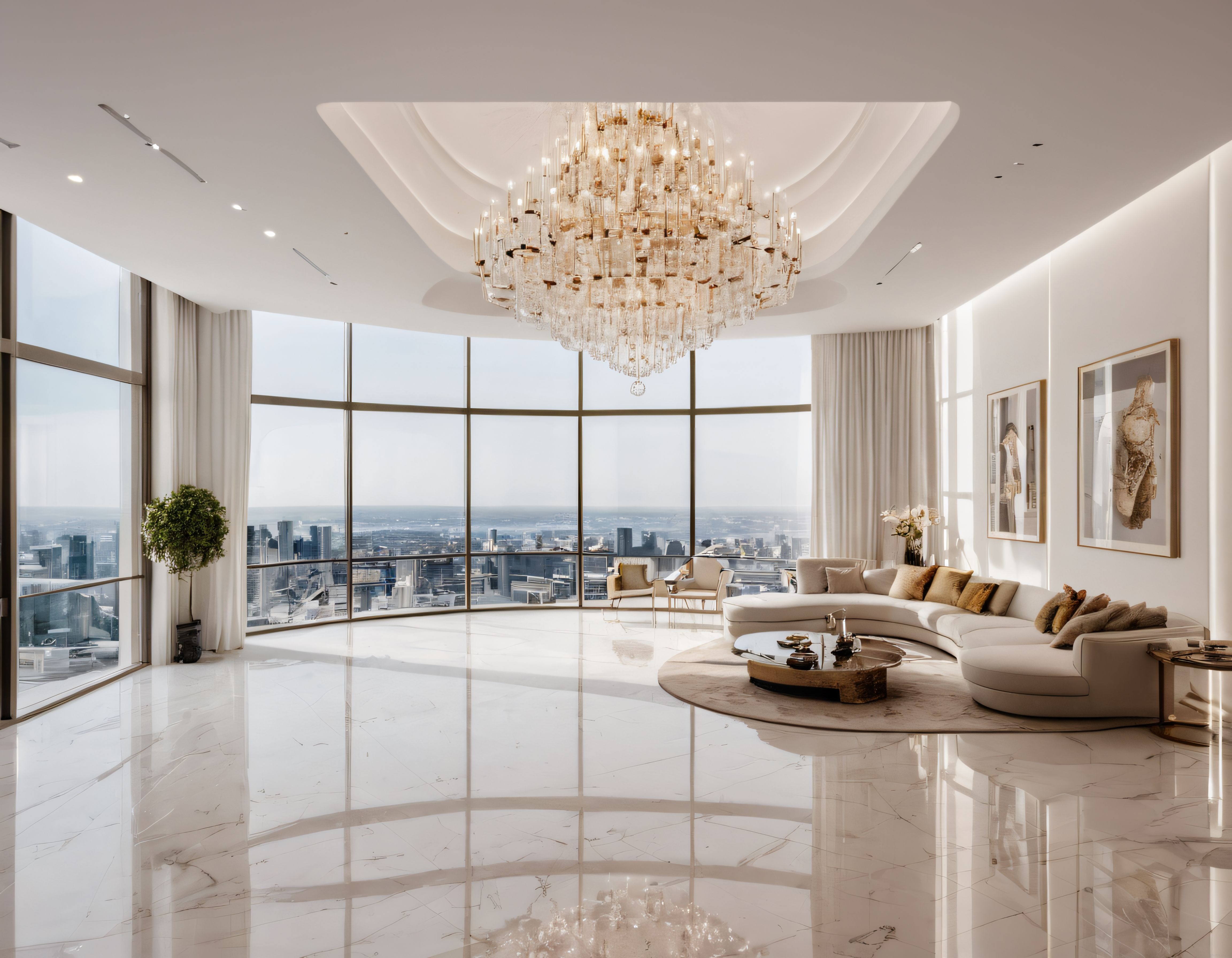 Şehir Manzaralı Lüks Penthouse Salonu ve Modern İç Mekan Tasarımı