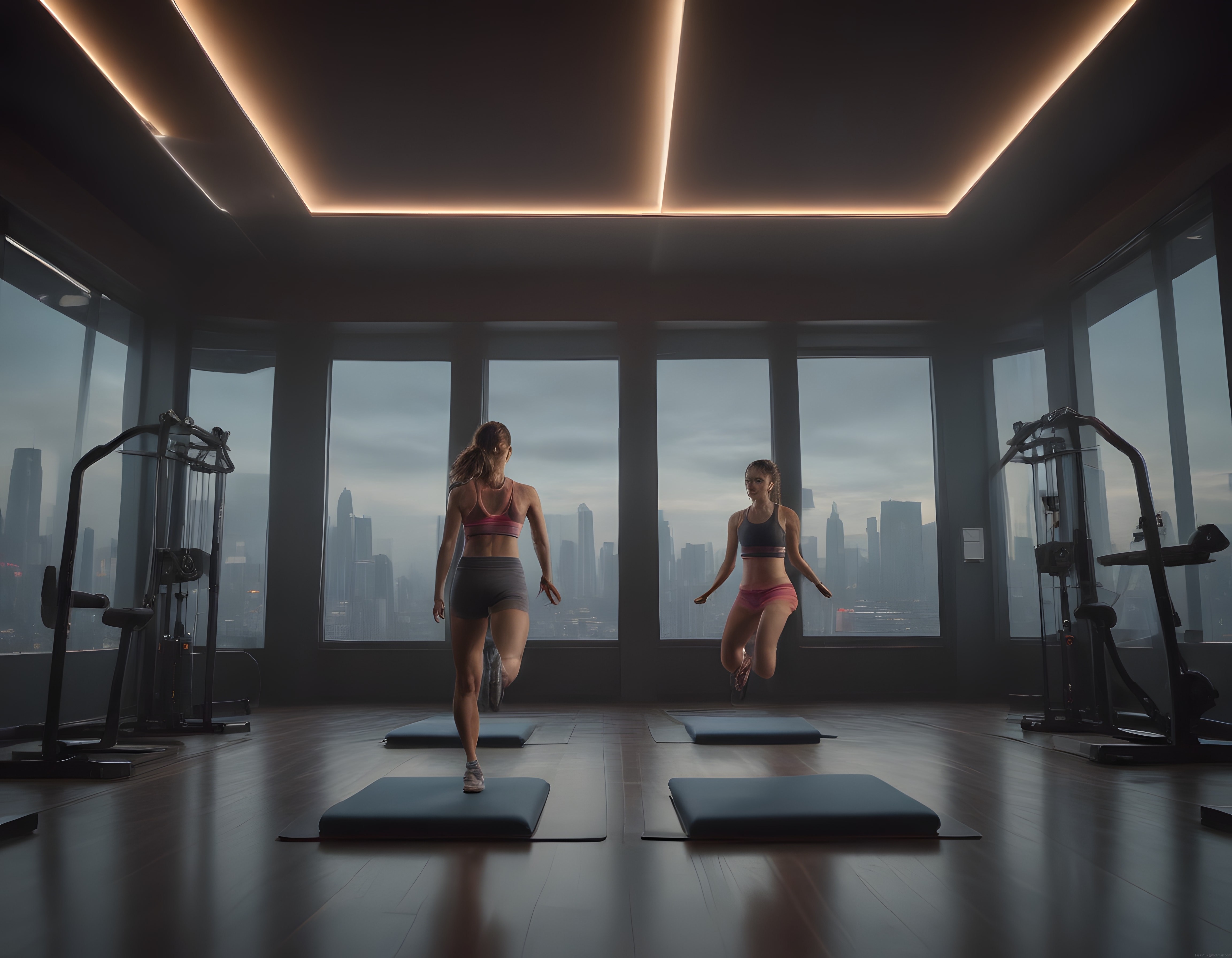 Şehir Manzaralı Lüks Spor Salonunda Kadınlarla Fitness Antrenmanı
