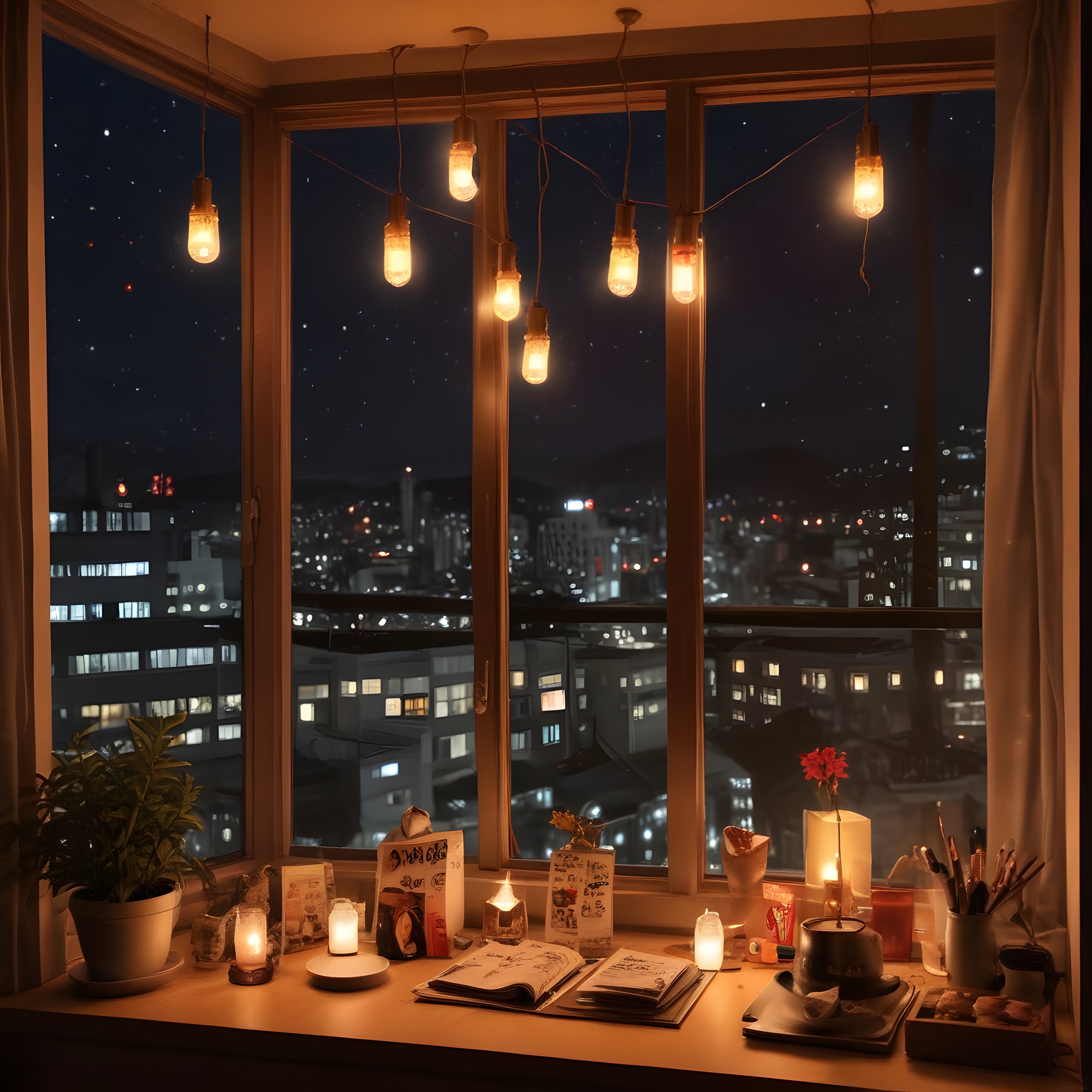 Şehir manzaralı pencere önünde mum ışığında huzurlu gece çalışma köşesi