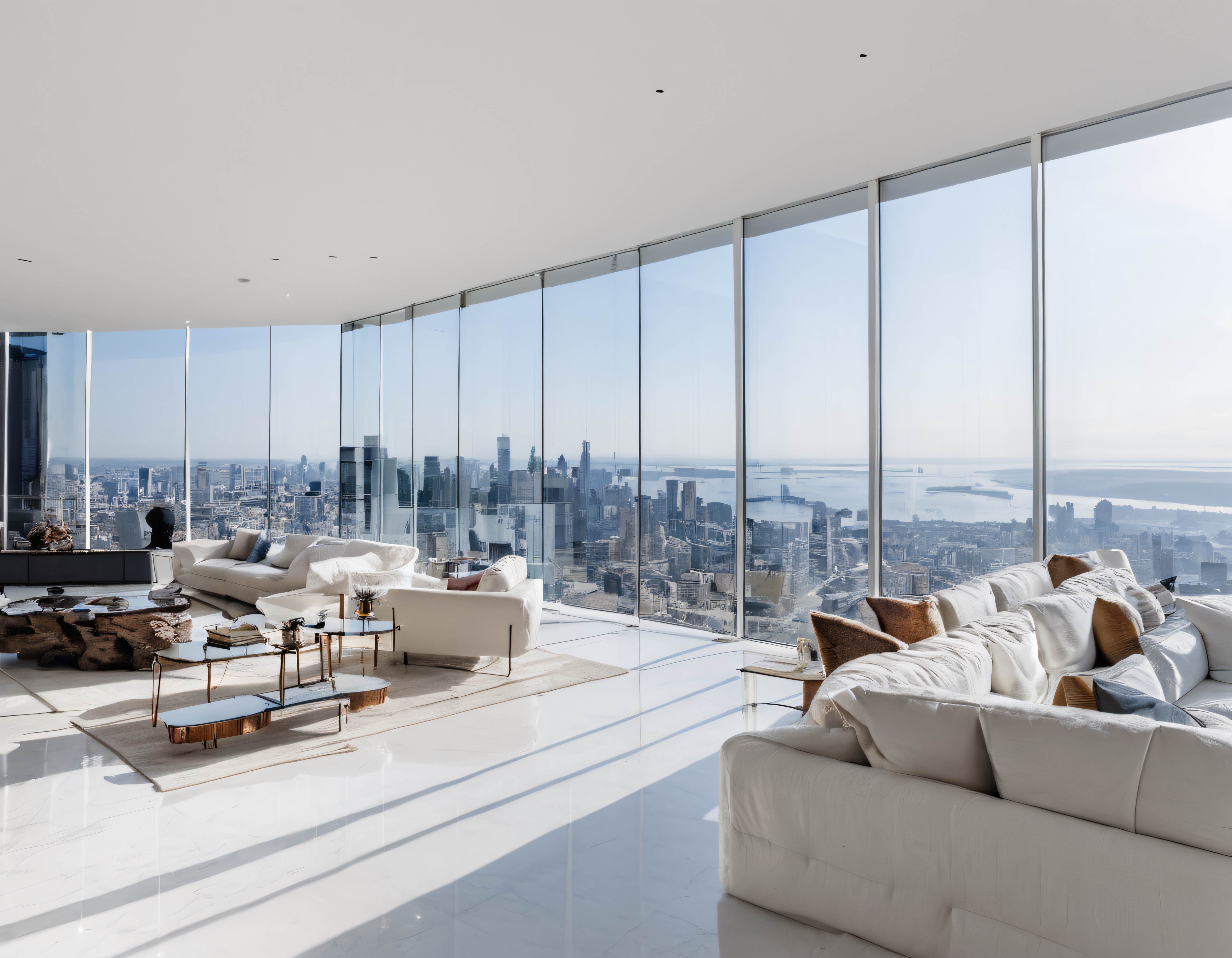 Şehir Manzaralı Ultra Lüks Penthouse Salonunda Modern Beyaz Dekorasyon
