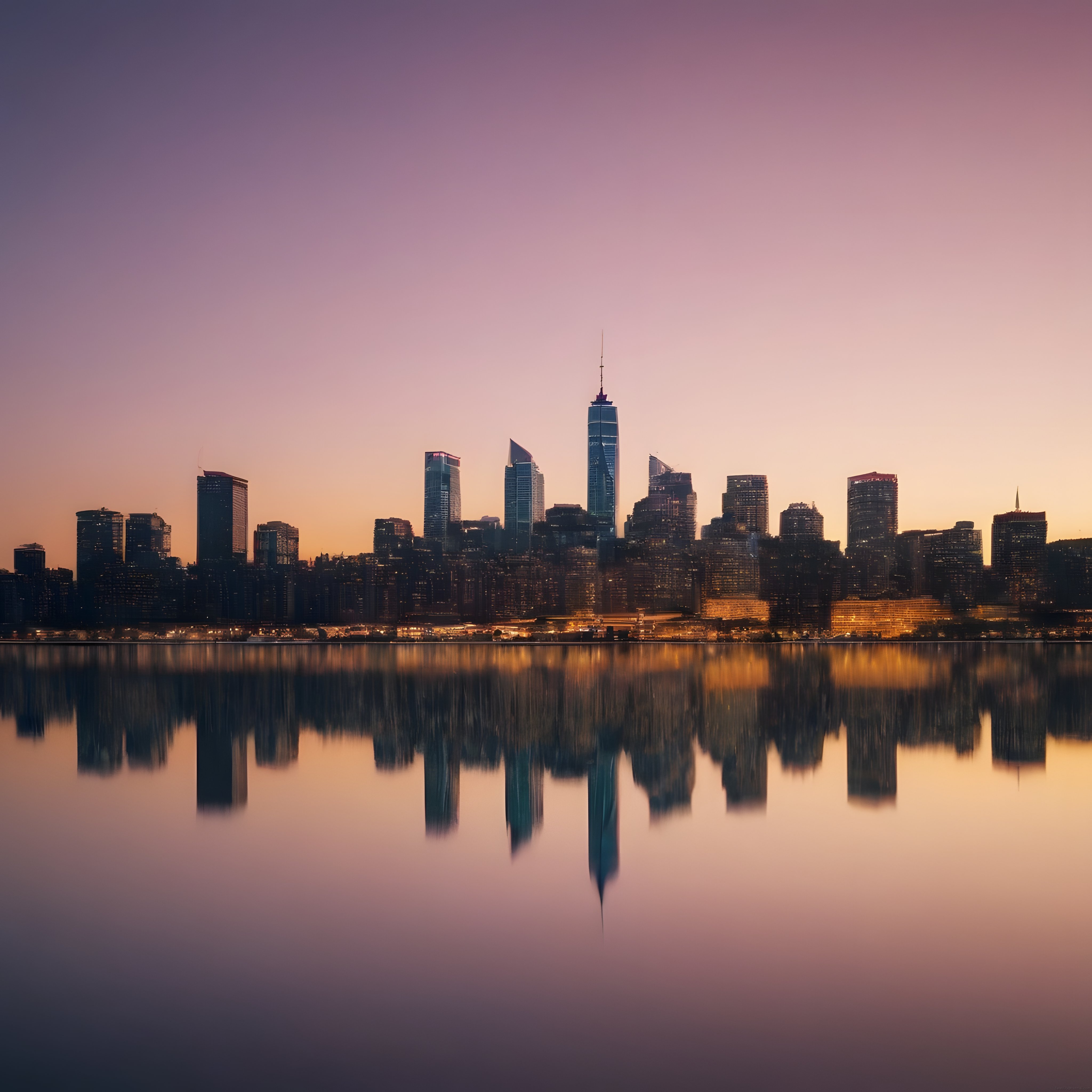 Şehir Şafağında Manhattan Silüeti ve Su Üzerindeki Büyüleyici Yansıma