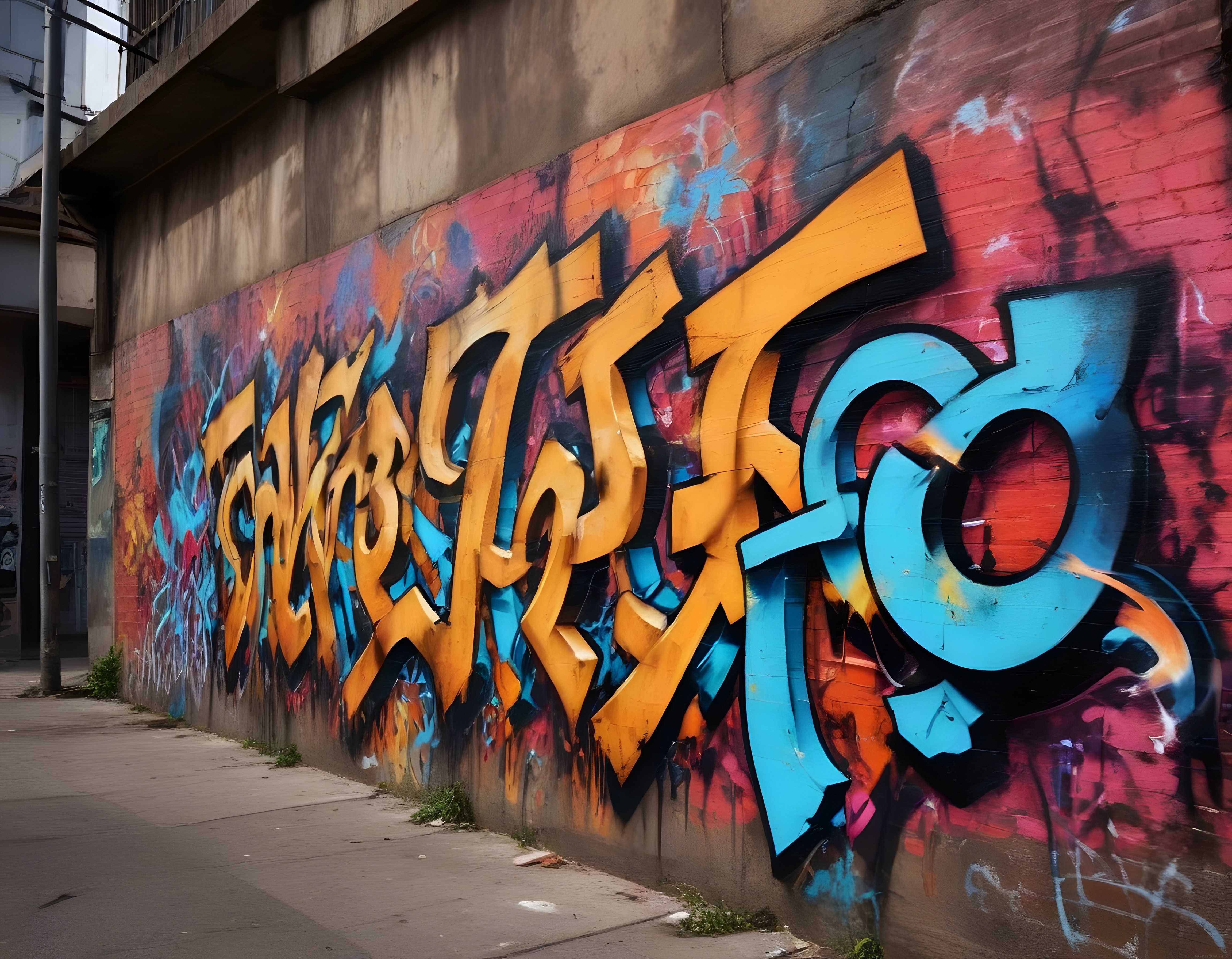 Şehrin arka sokağında turuncu ve mavi tonlarıyla fışkıran büyük graffiti yazısı