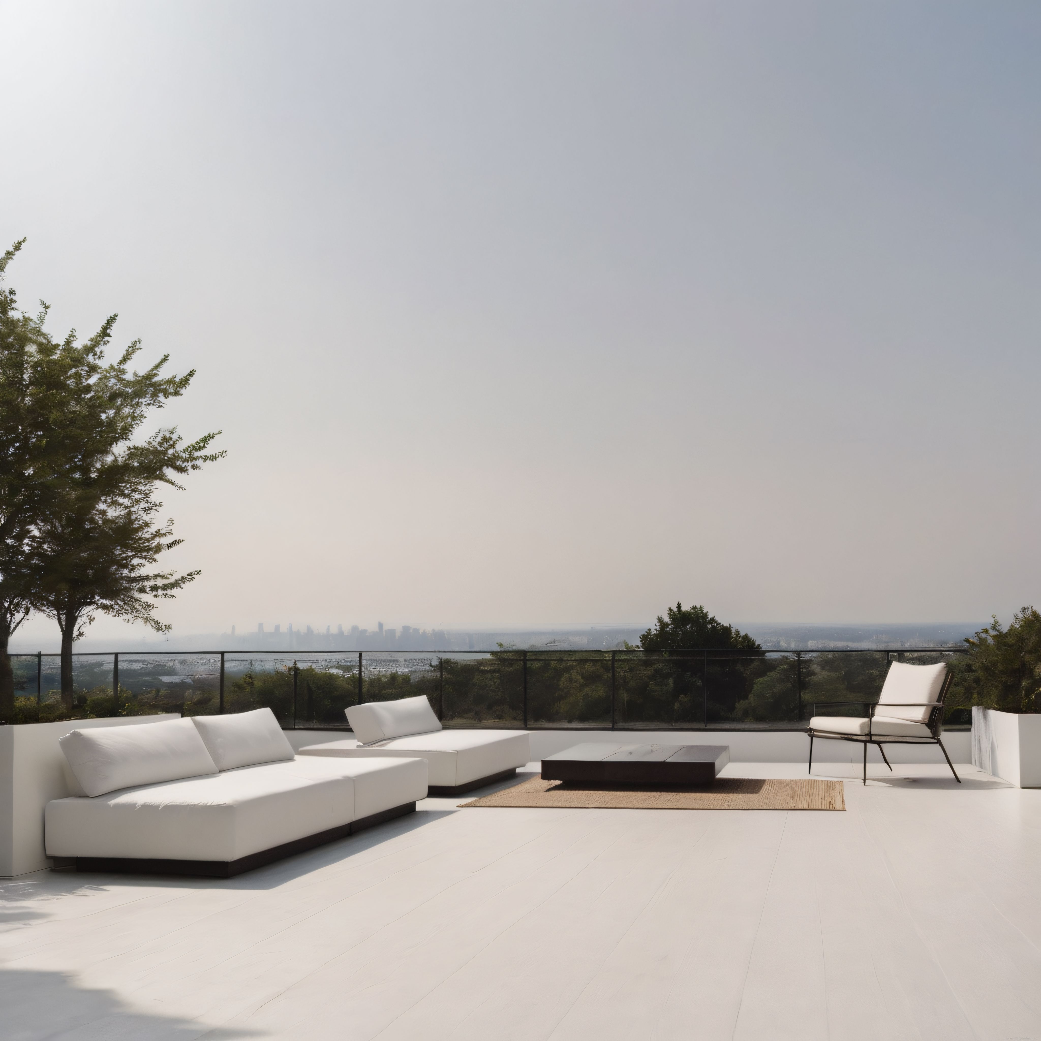 Şehrin üzerinde huzur veren minimalist beyaz teras ve modern mobilya düzeni