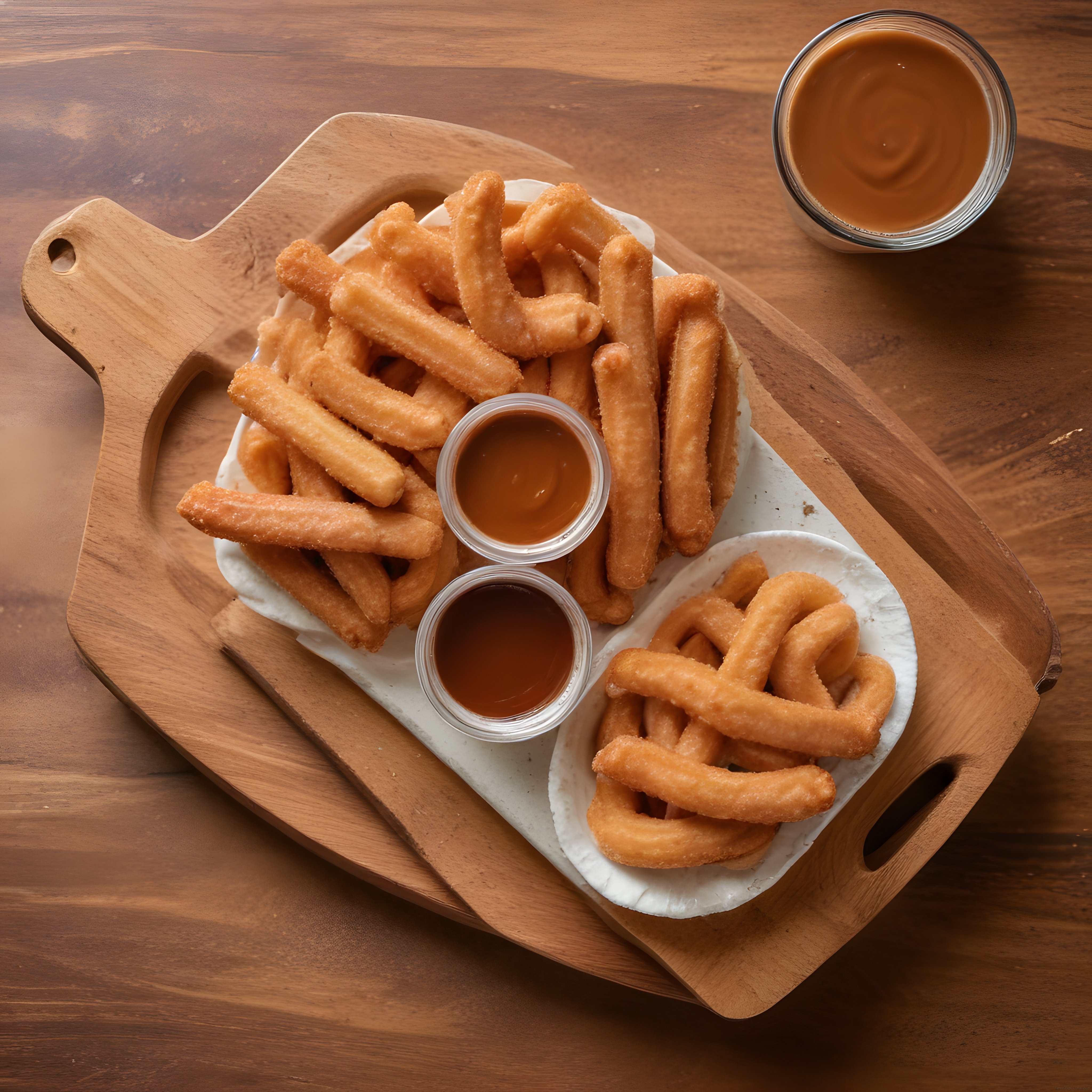 Şeker kaplamalı çıtır churros, karamel ve çikolata soslarıyla rustik sunum