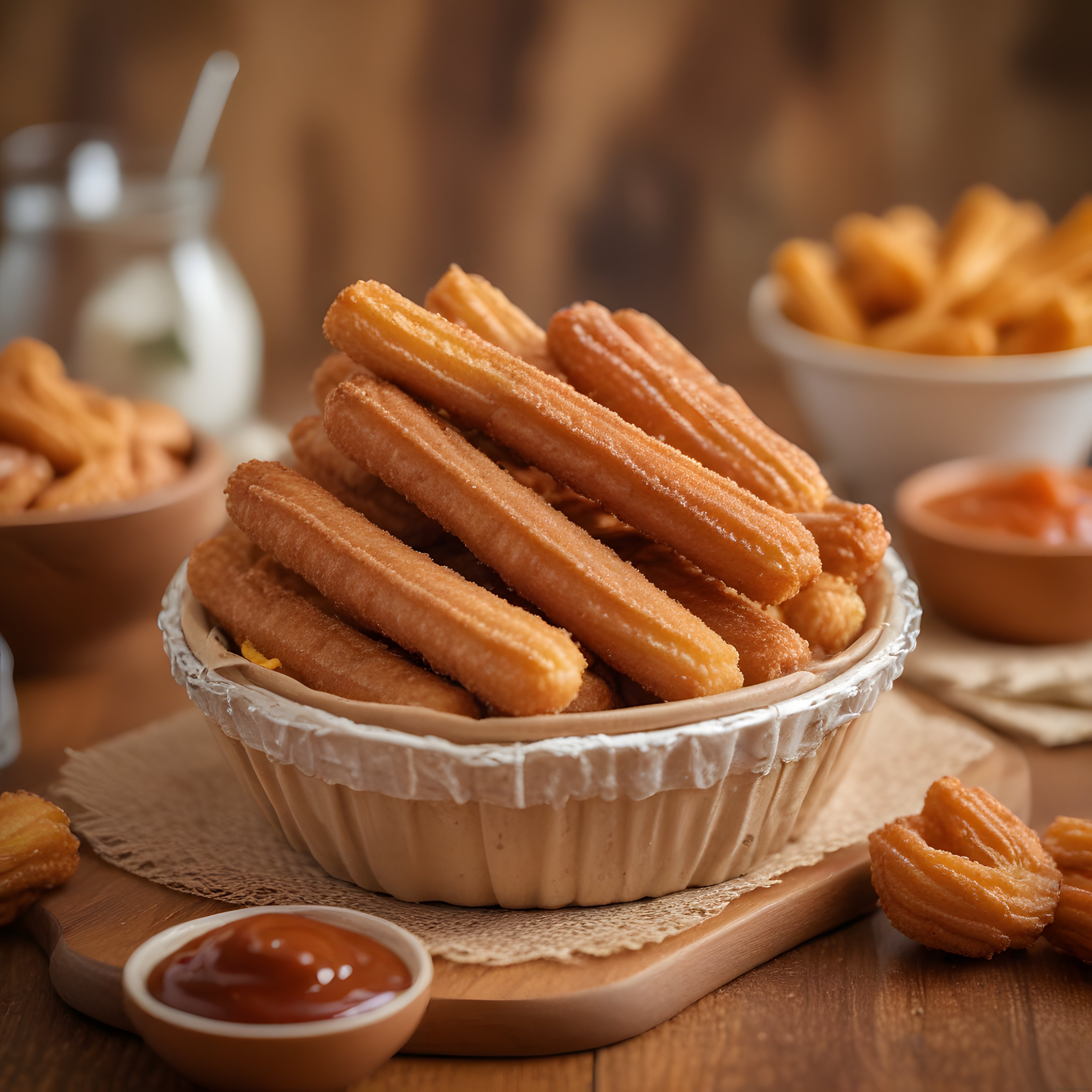 Şeker kaplı çıtır churros, çikolata ve karamel soslarıyla rustik sunum