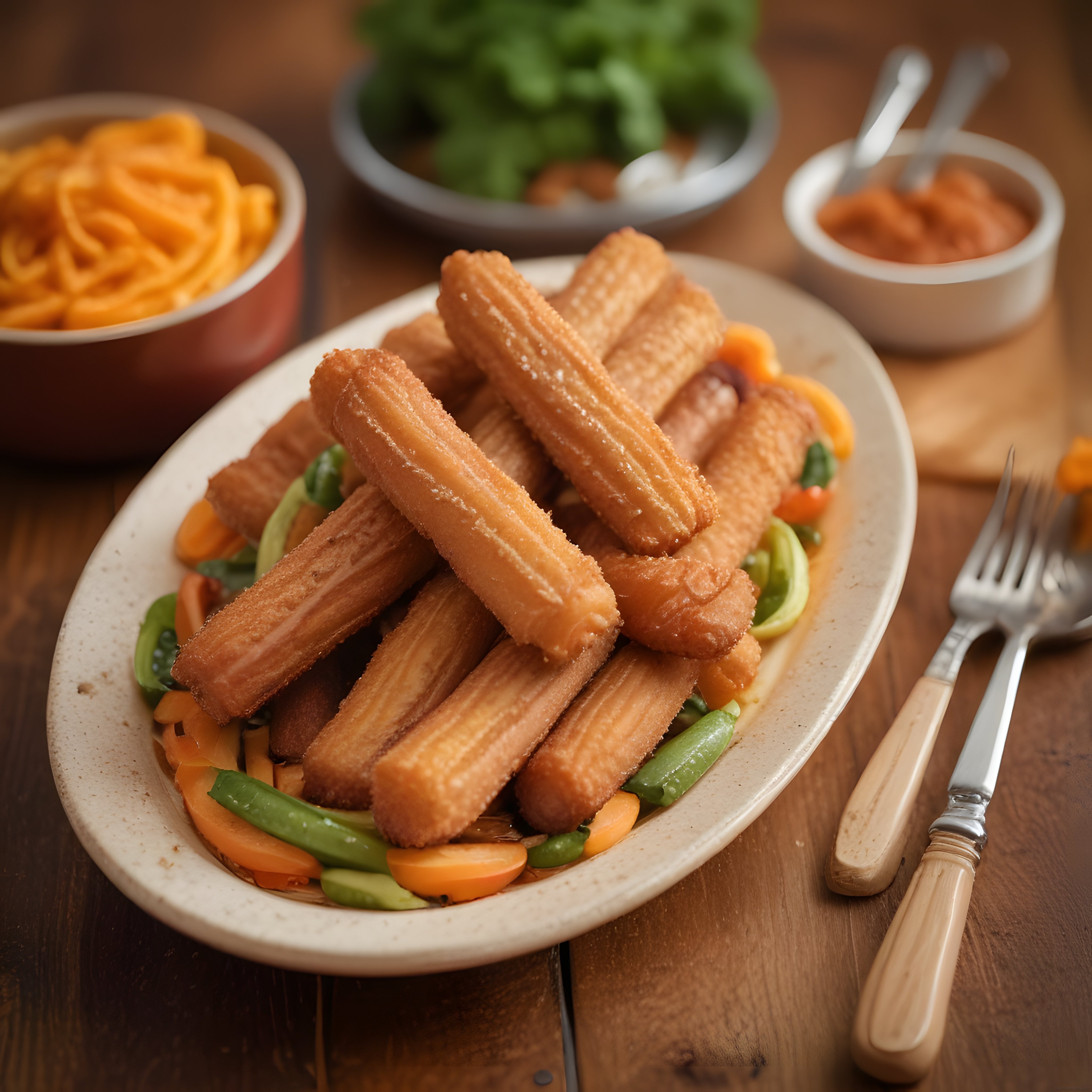 Şeker kaplı çıtır churros ve renkli sebze garnitürlü rustik tatlı sunumu