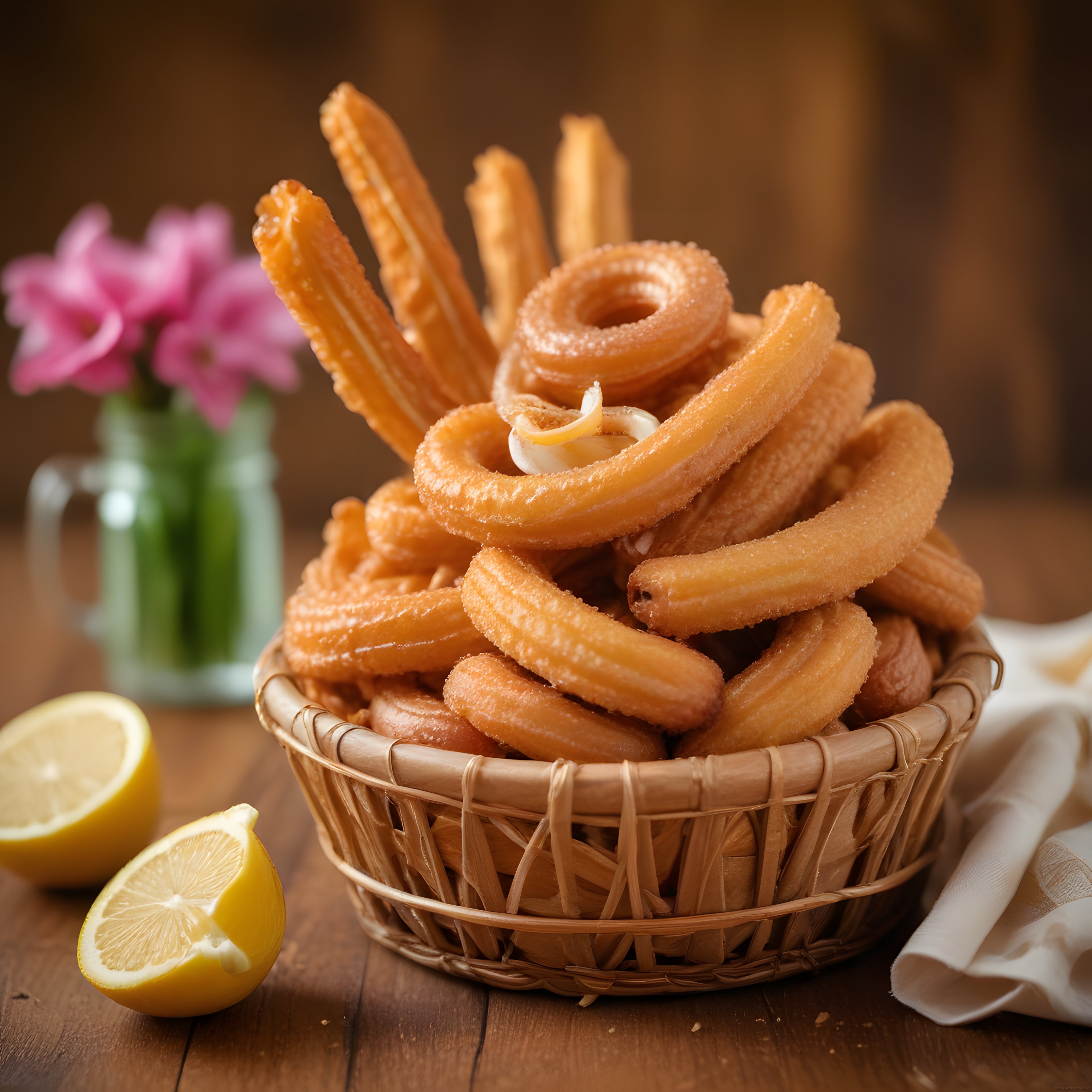 Şekerle kaplı churros dolu hasır sepet ve yanında limon dilimleri