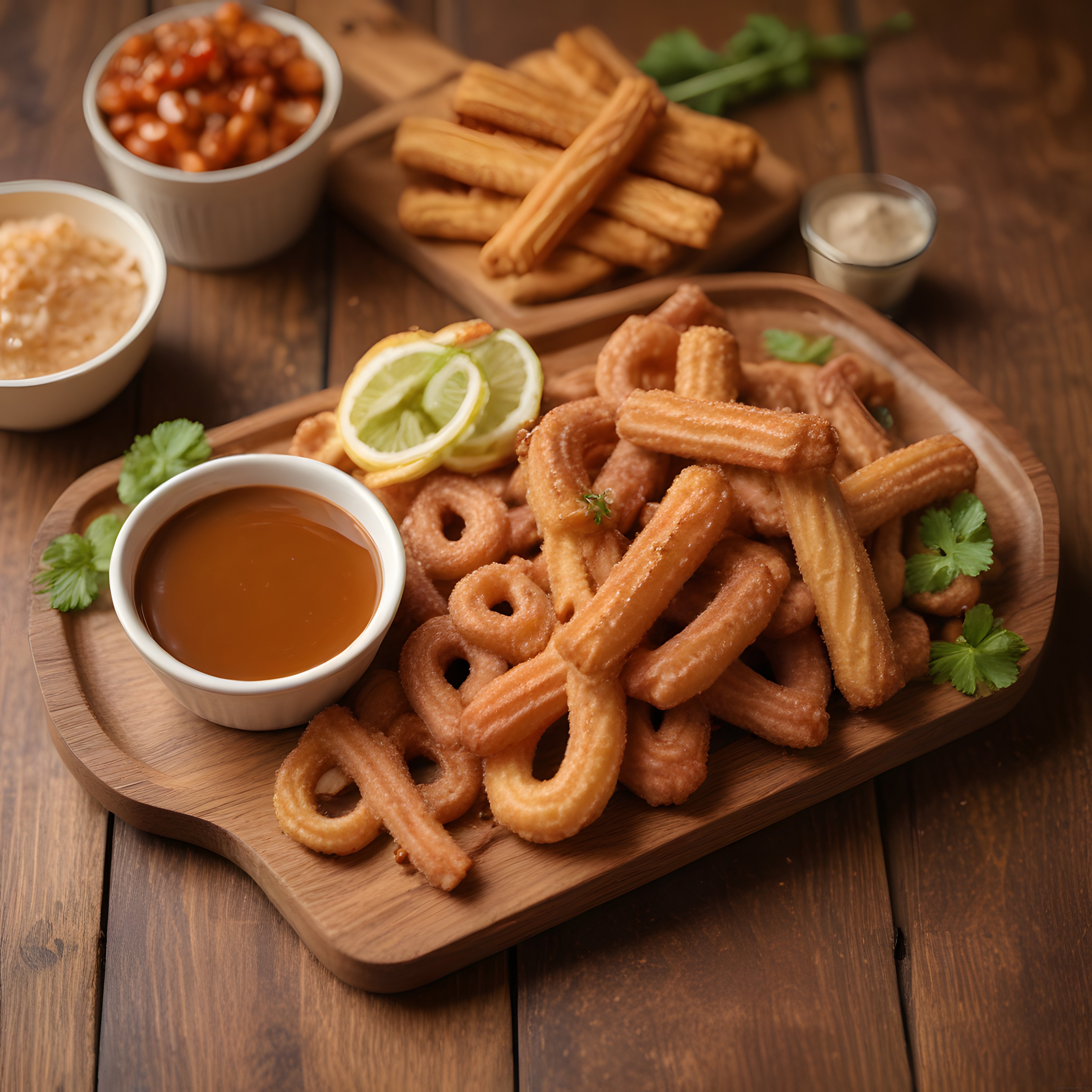 Şekerli Churros Çeşitleri, Karamel Sos ve Limon Dilimli Rustik Sunum
