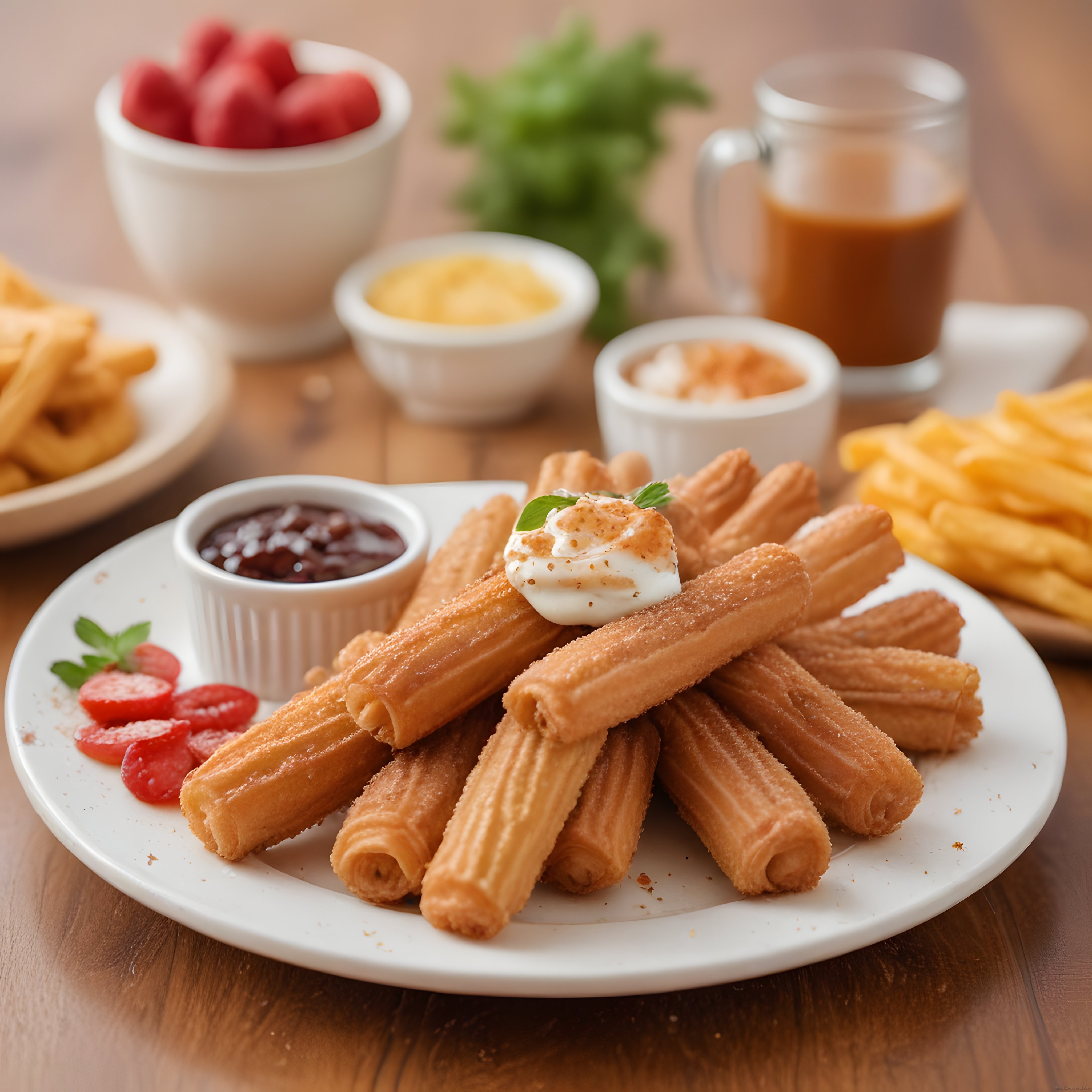 Şekerli churros, çikolata sosu ve kremayla süslenmiş geleneksel İspanyol tatlısı