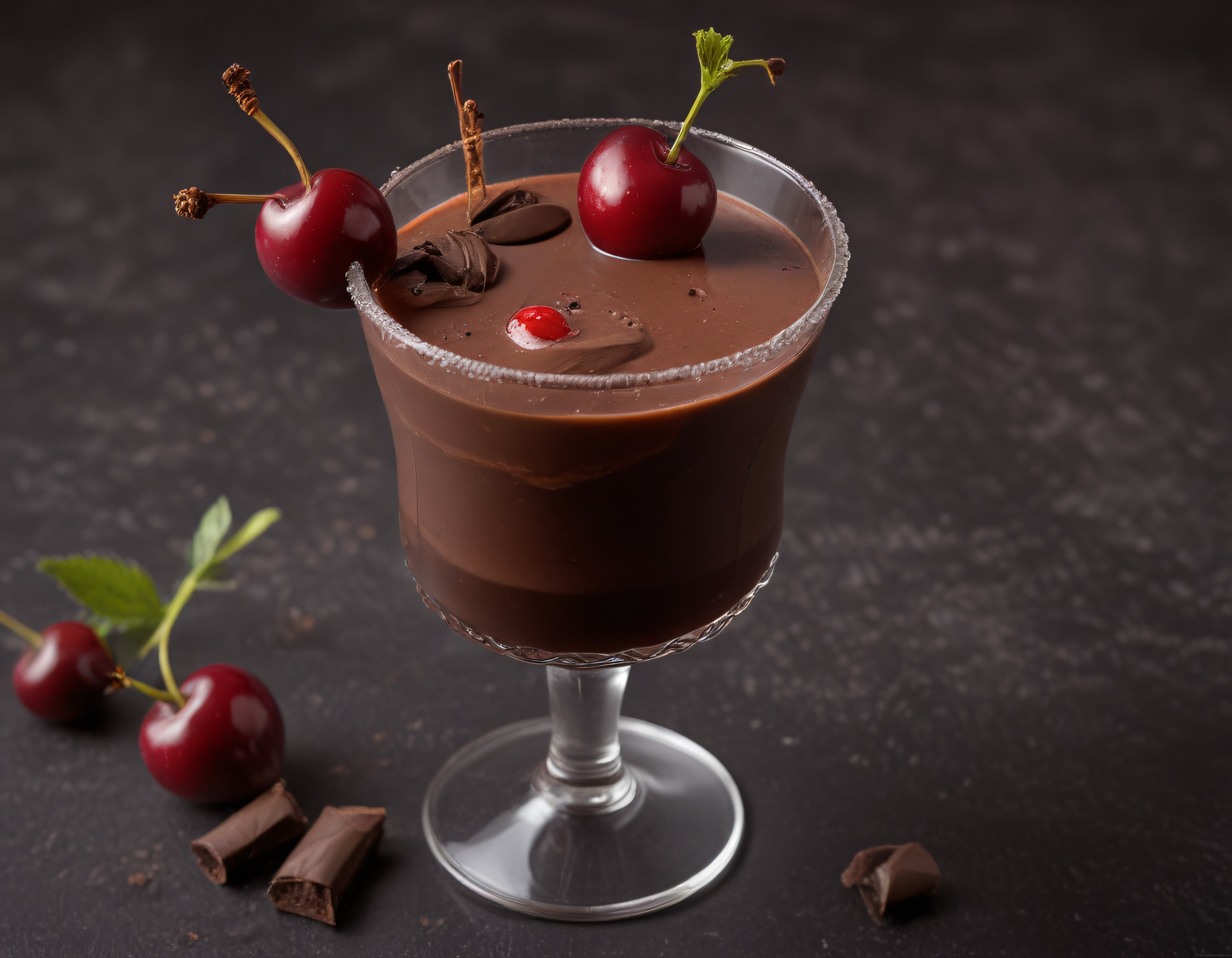 Şekerli Kenarlı Bardakta Kiraz ve Çikolata Parçalı Çikolatalı Mousse