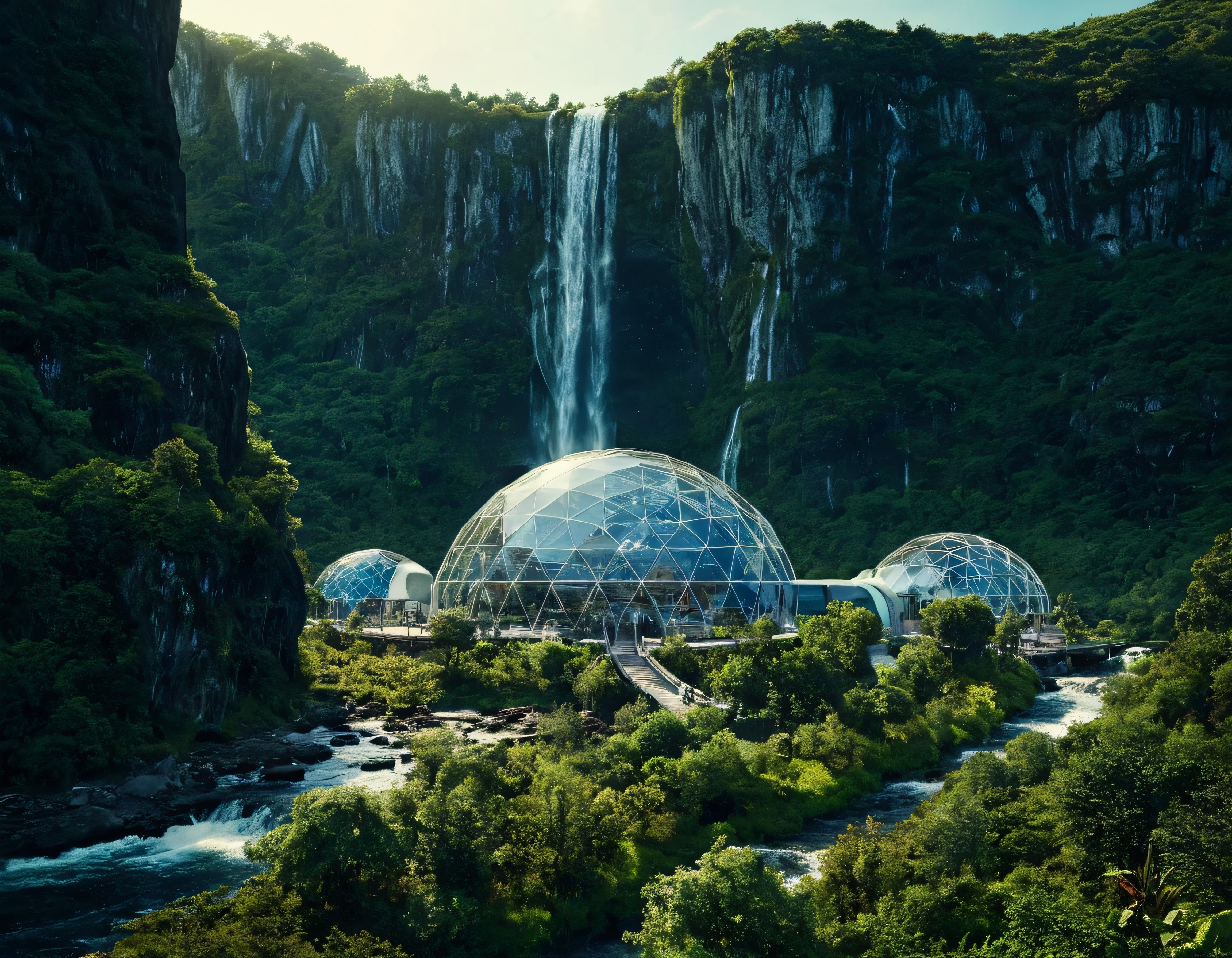 Şelale ve Nehir Kenarındaki Gelecekçi Biodome Yerleşkesi Manzarası