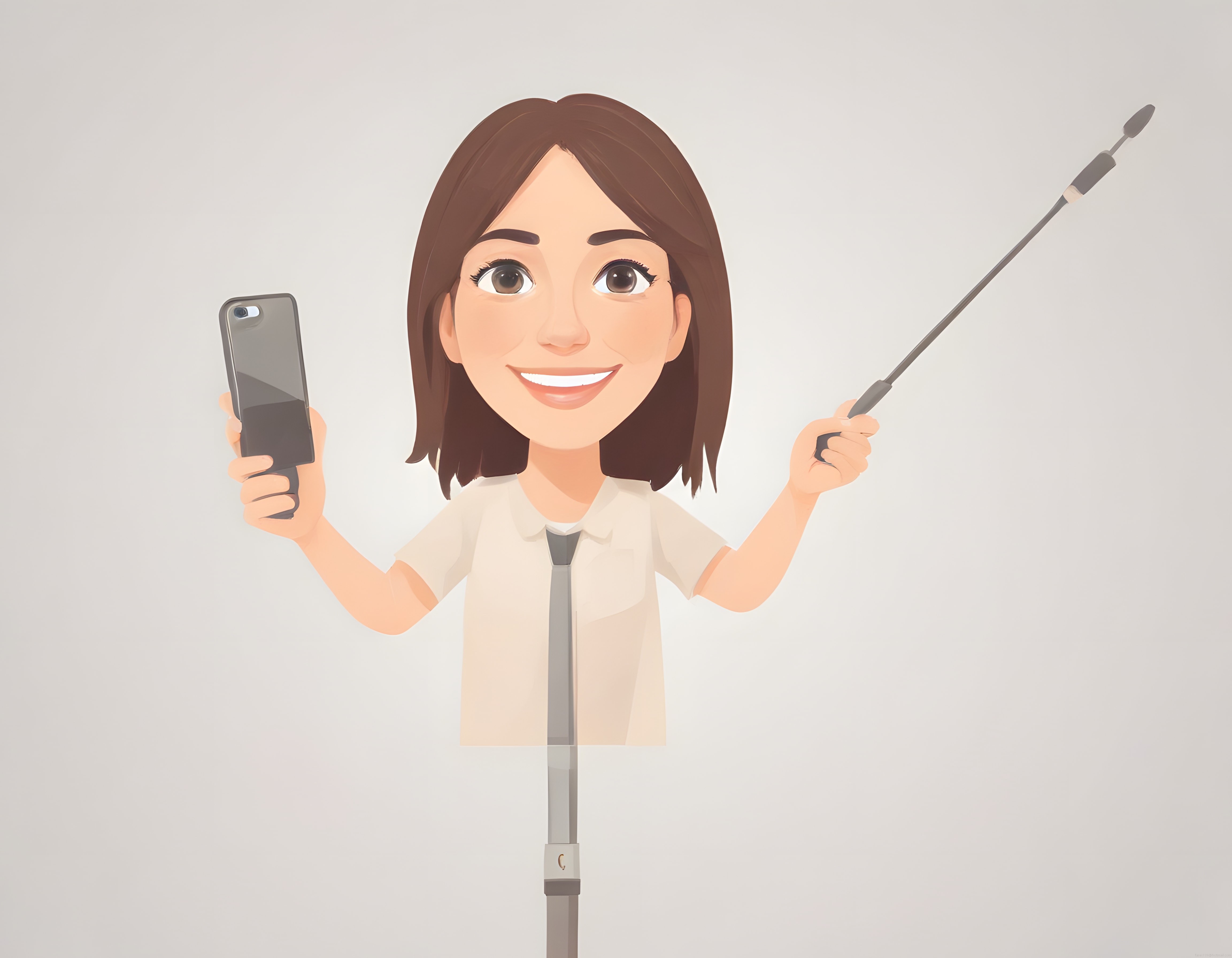 Selfie Çubuğu ve Telefon Tutarak Gülümseyen Animasyon Kadın Karakteri