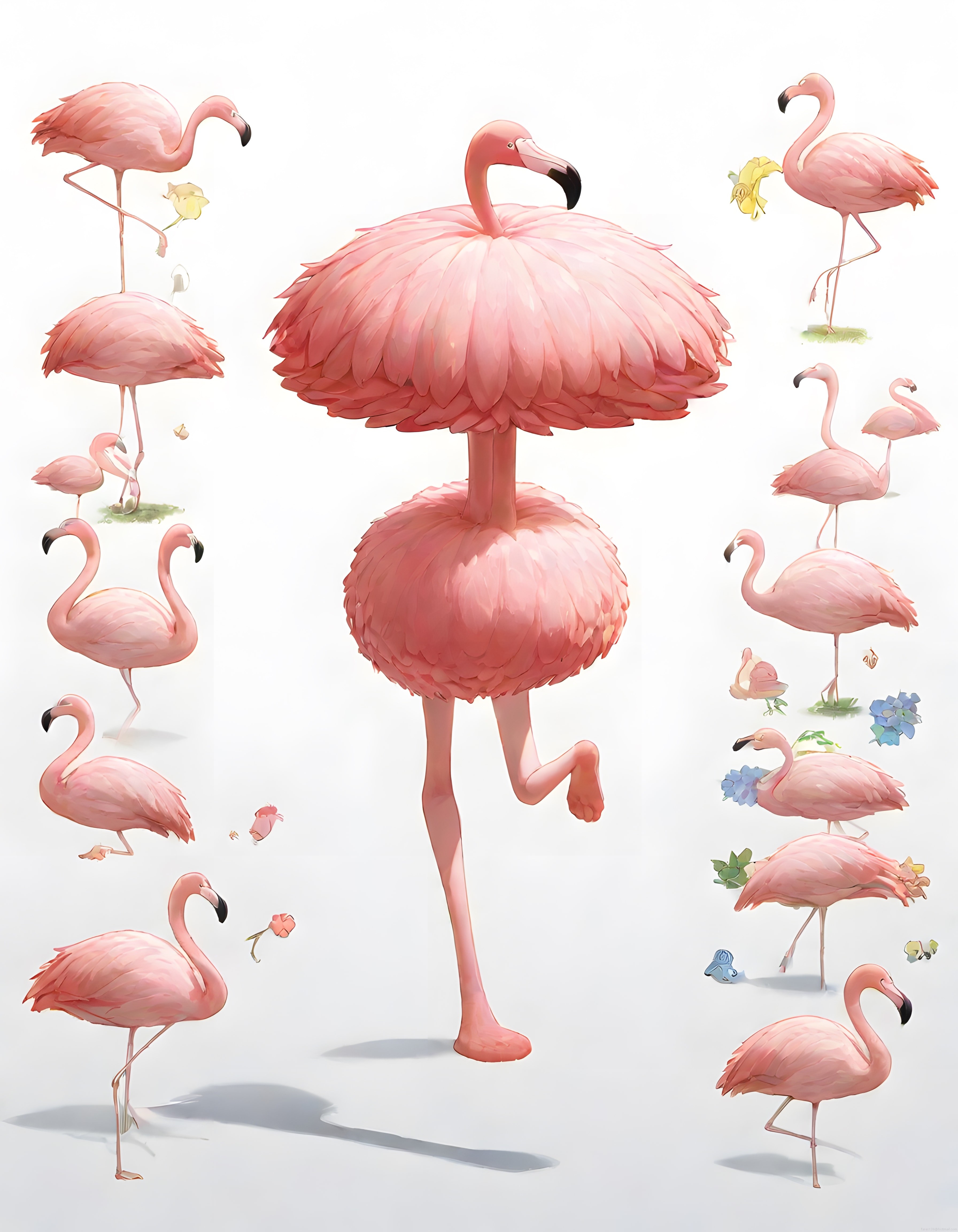 Şemsiye tüylü fantastik flamingo illüstrasyonu ve pembe kuşlar beyaz arka planda