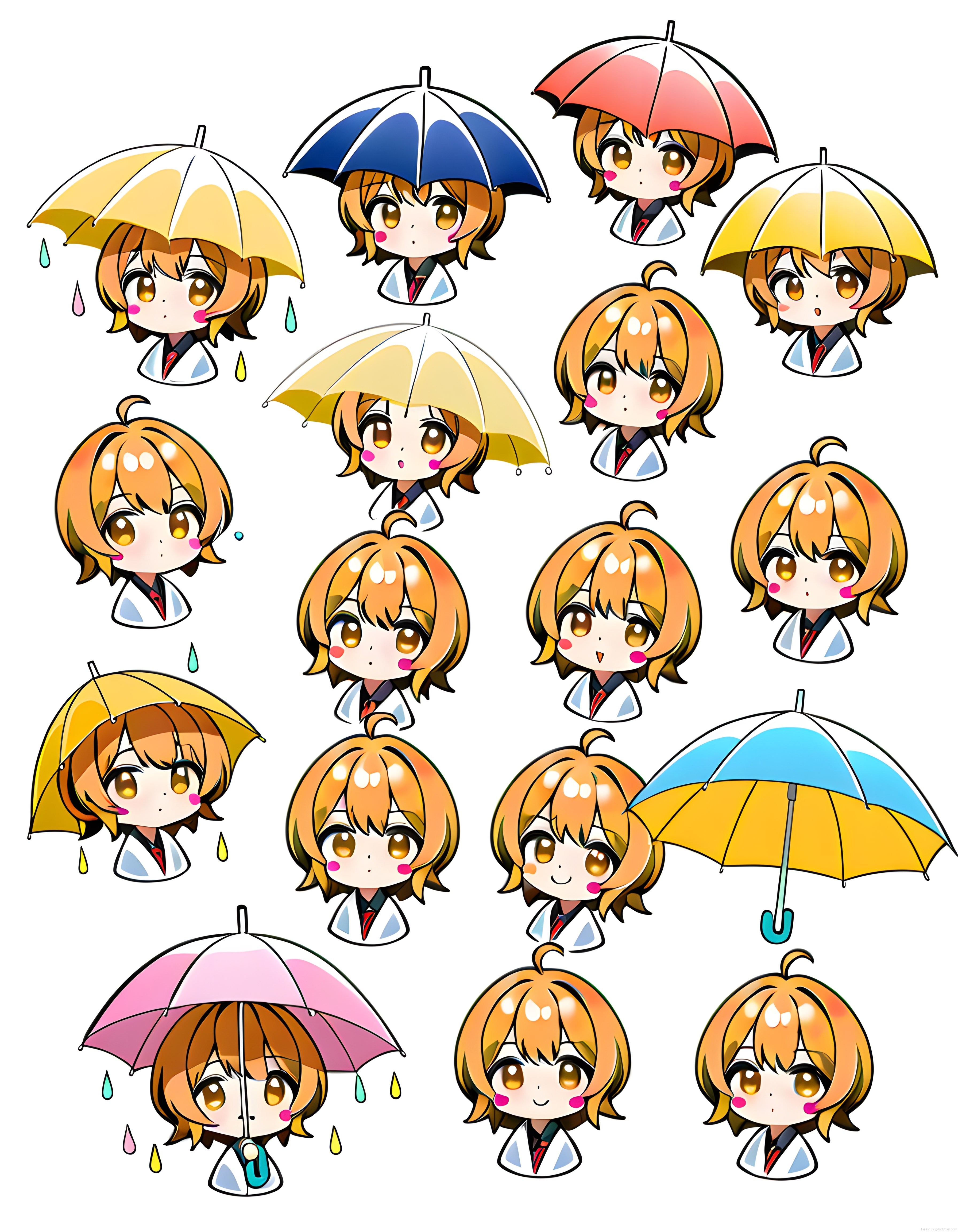 Şemsiyeli sevimli chibi anime karakteri yağmurlu gün dijital çizim seti