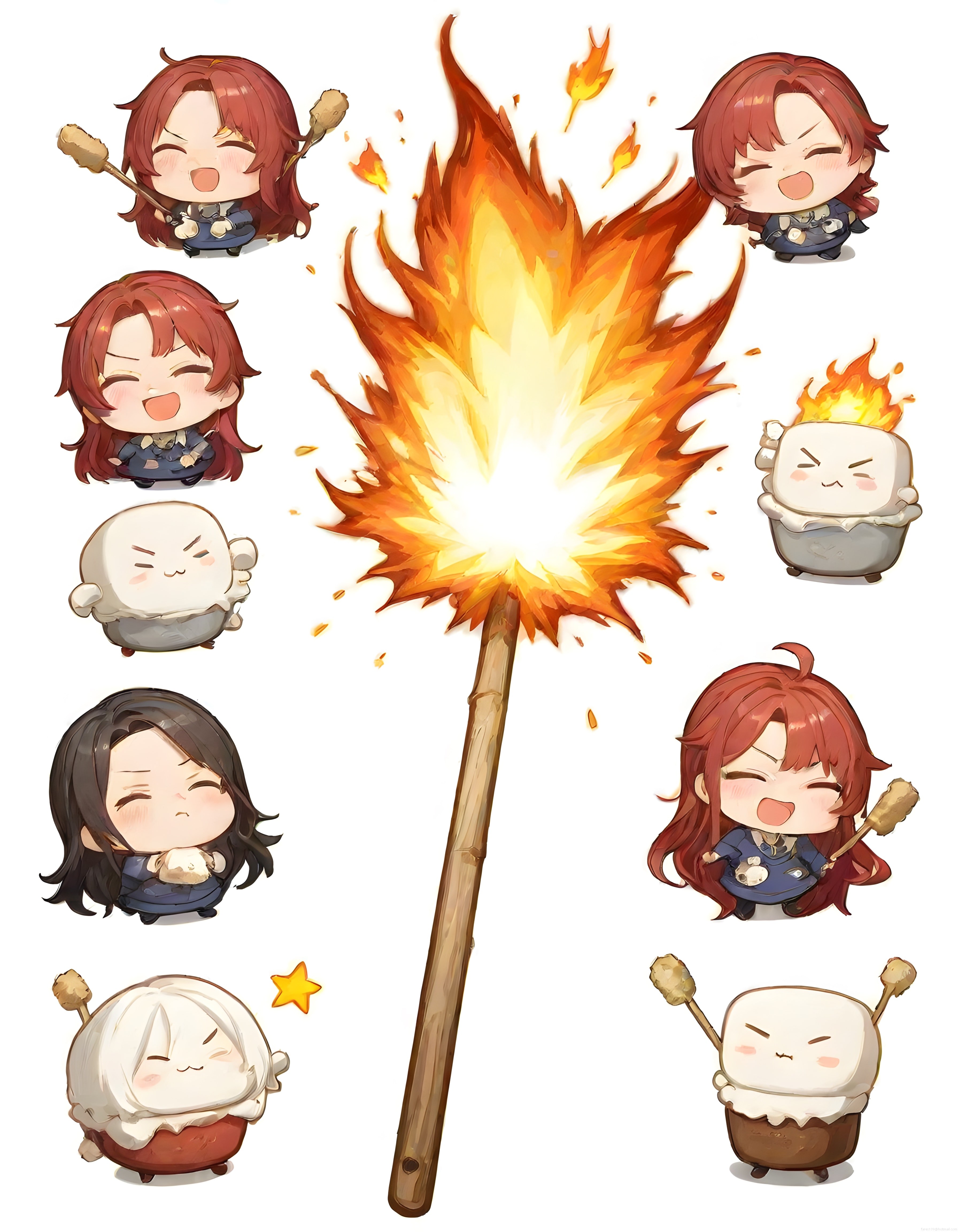 Şenlik ateşi etrafında neşeli chibi karakterler ve marshmallowların kamp anı