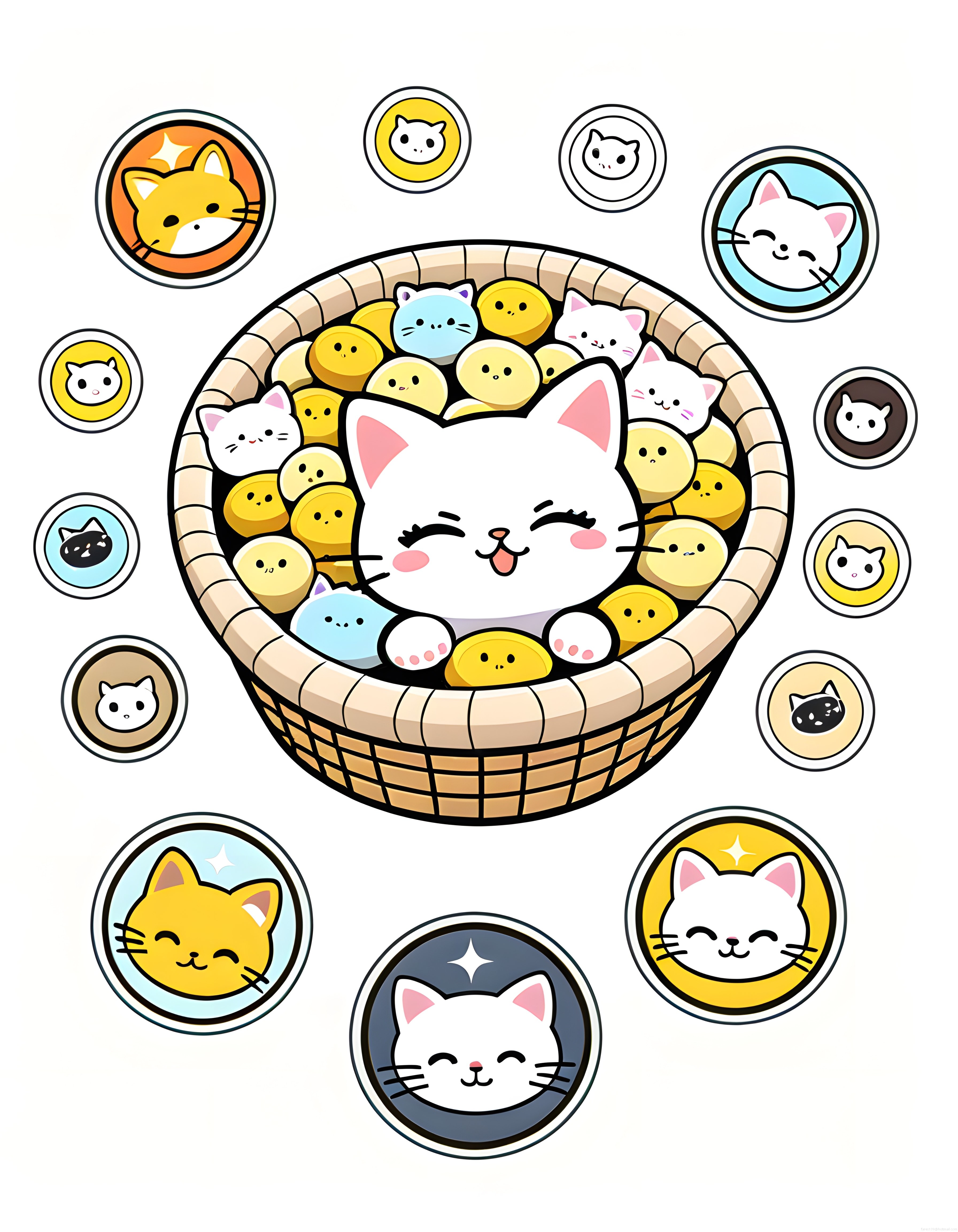 Sepet Dolusu Altın ve Sevimli Kedi Yavruları ile Mutlu Kawaii Kedi Ailesi