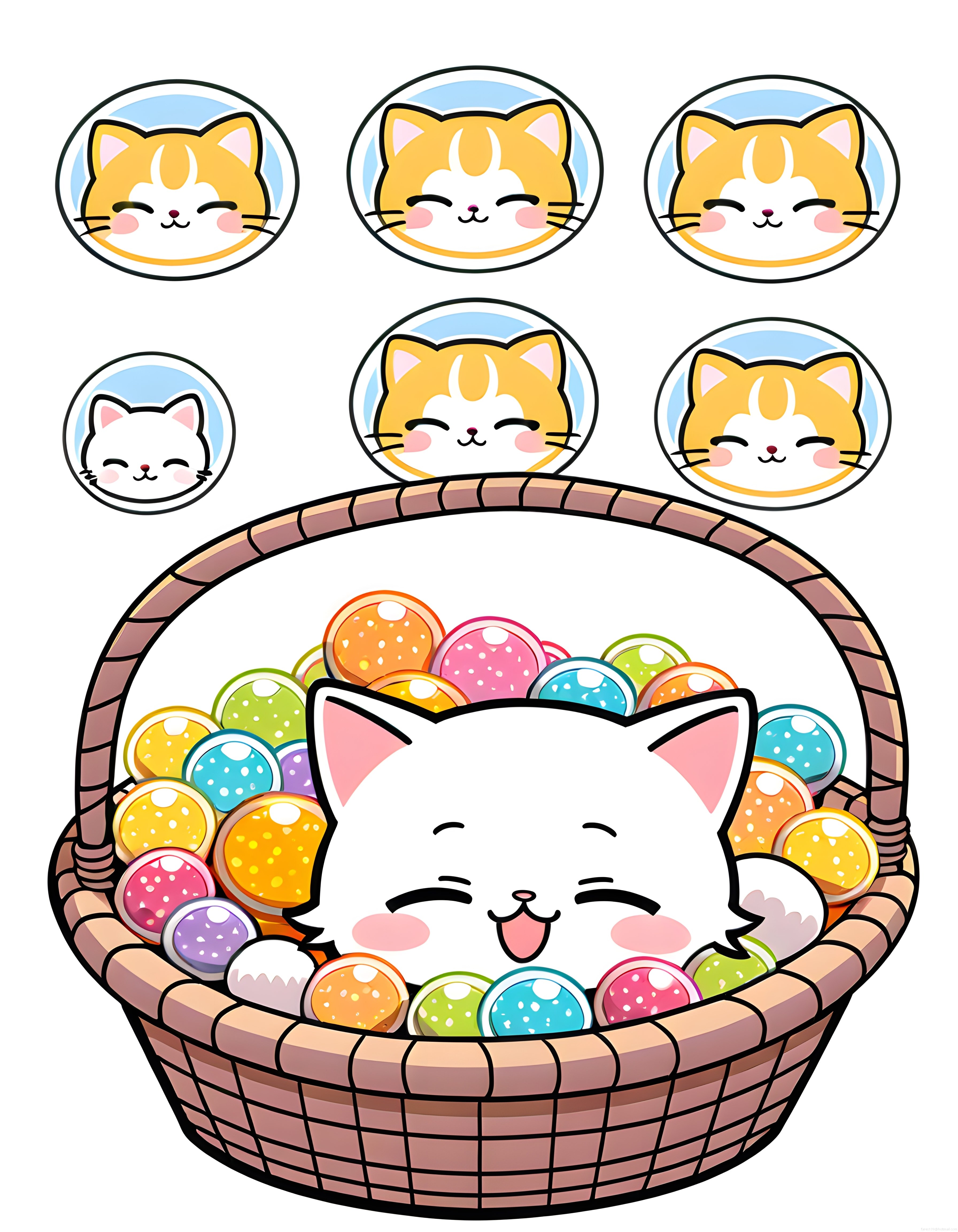 Sepet Dolusu Renkli Şekerin Arasında Neşeli Kawaii Kedi ve Uçan Fanustaki Dostları