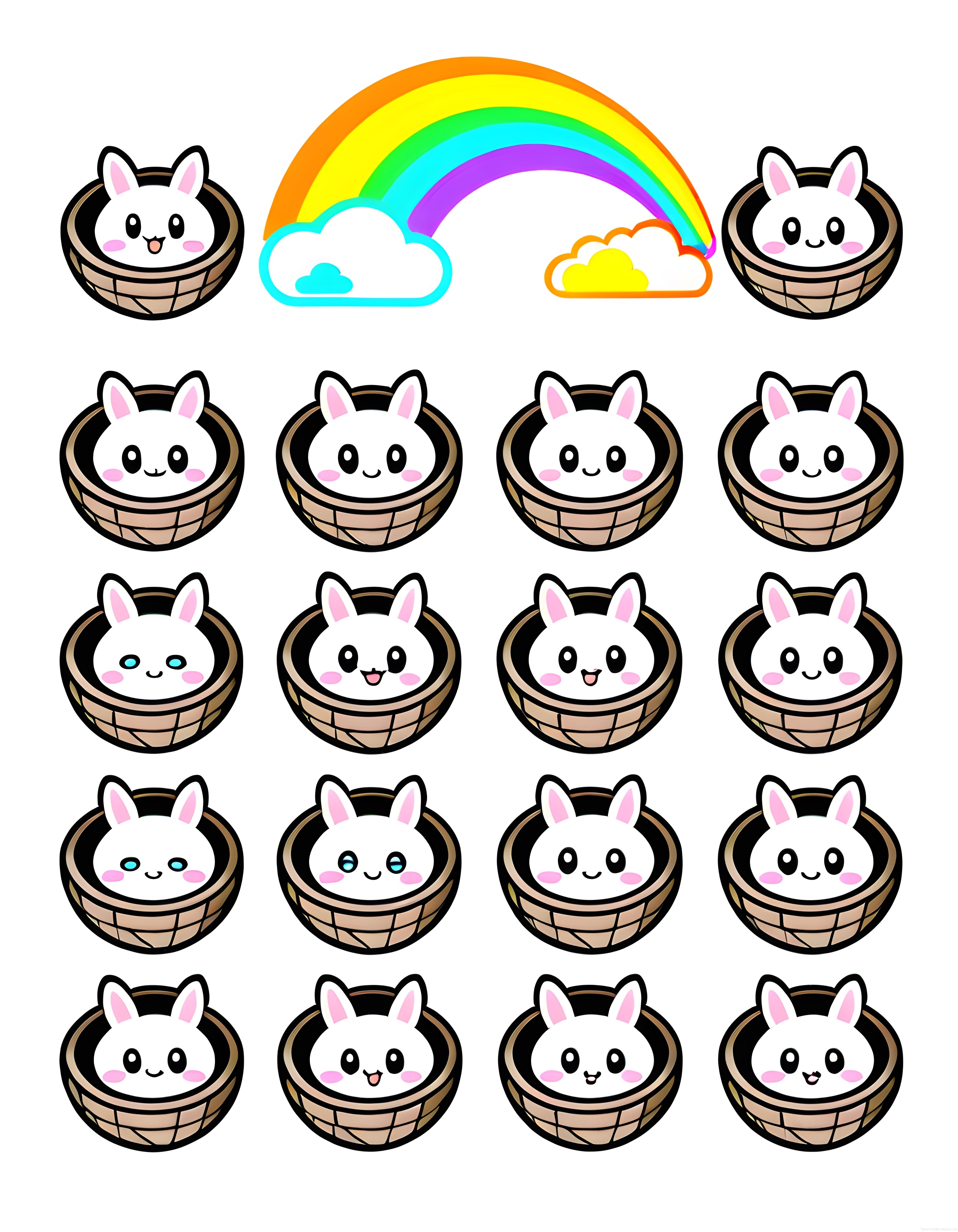 Sepet İçinde Gökkuşağı ve Sevimli Tavşan Kawaii Dijital Sticker Karakter Seti