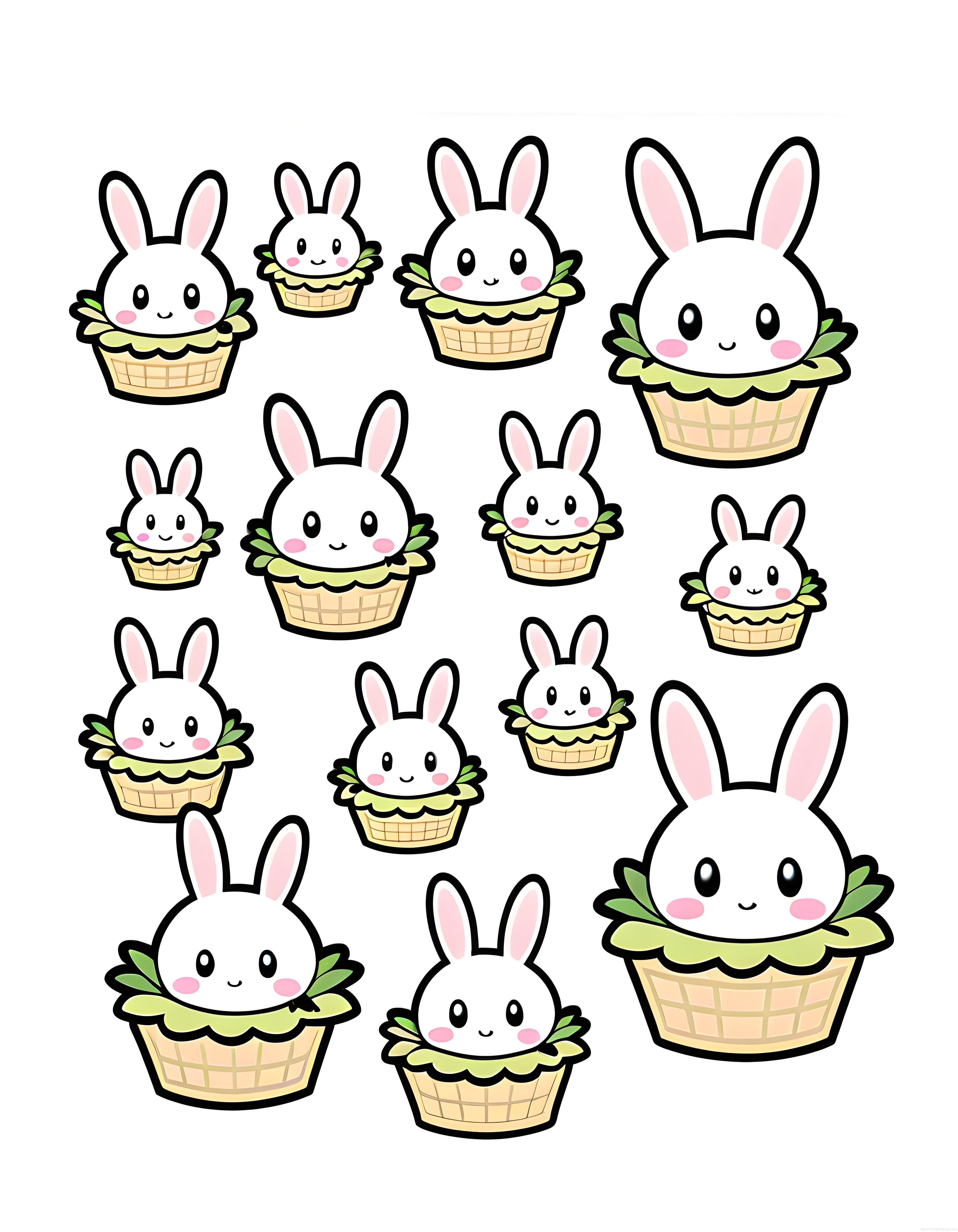 Sepet İçinde Oturan Farklı Boyutlarda Sevimli Kawaii Tavşan Çizimleri