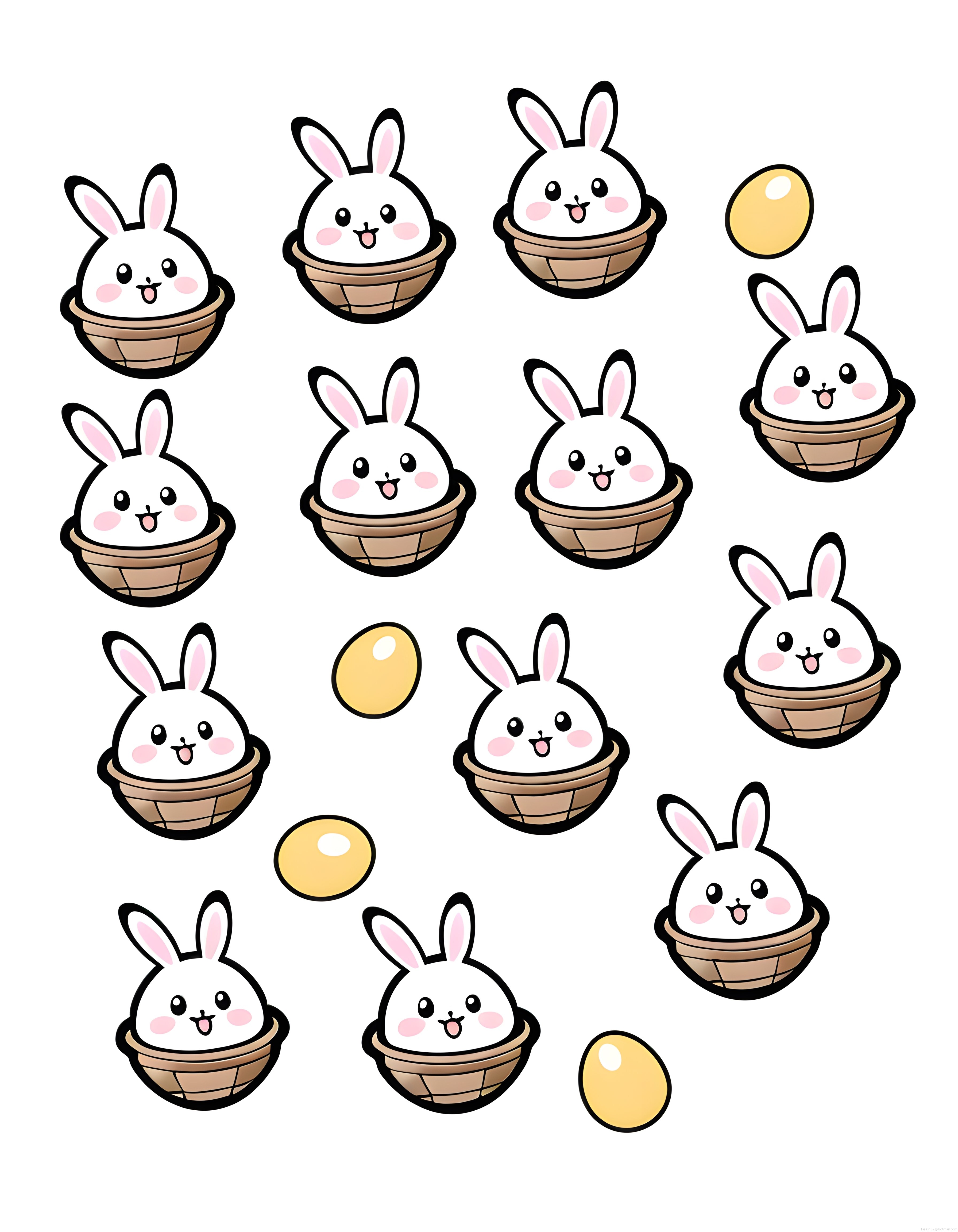 Sepet içinde sevimli tavşanlar ve paskalya yumurtalarından oluşan kawaii çizim seti
