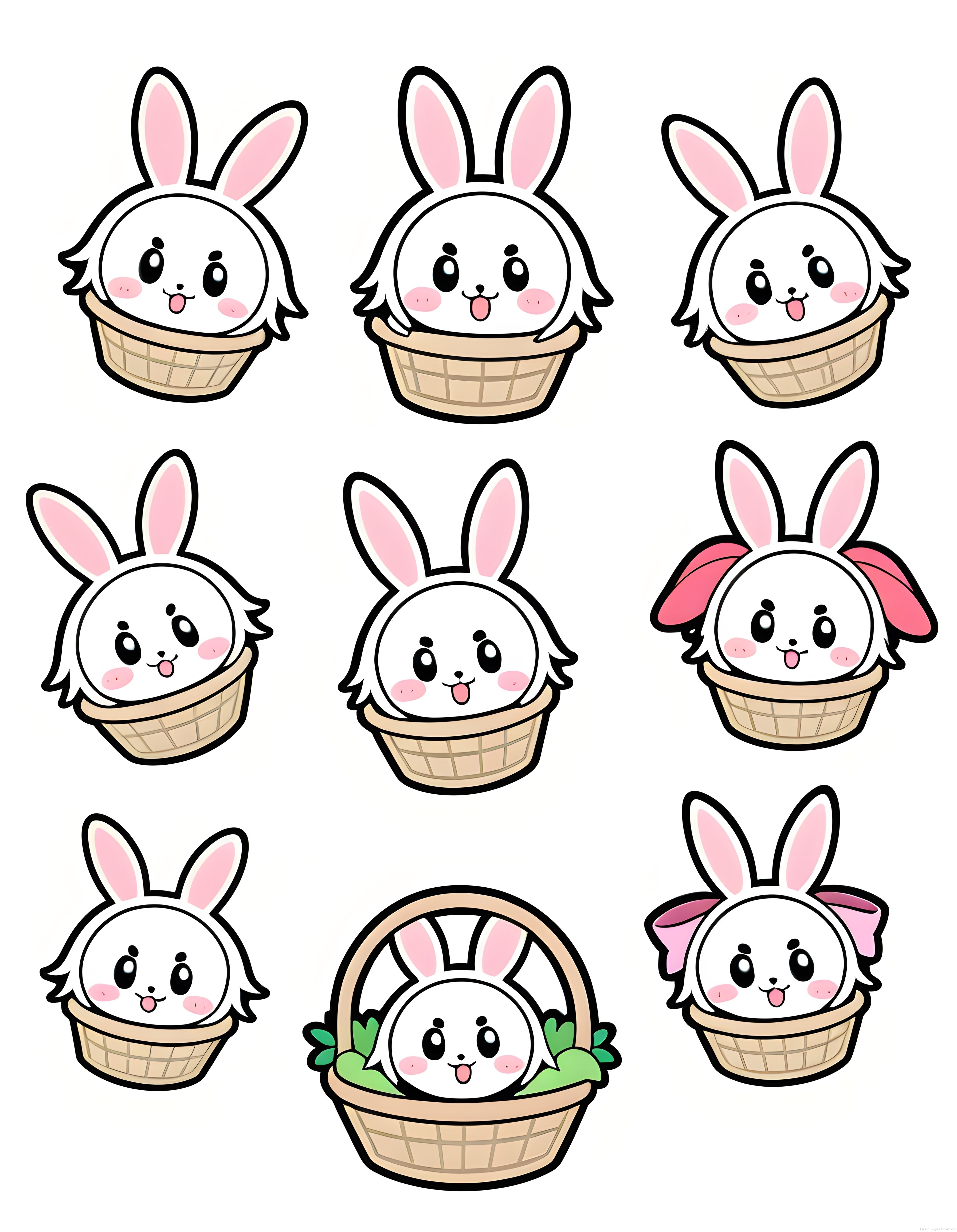 Sepet İçindeki Sevimli Kawaii Tavşanlar: Dijital Çizim ve Sticker Seti