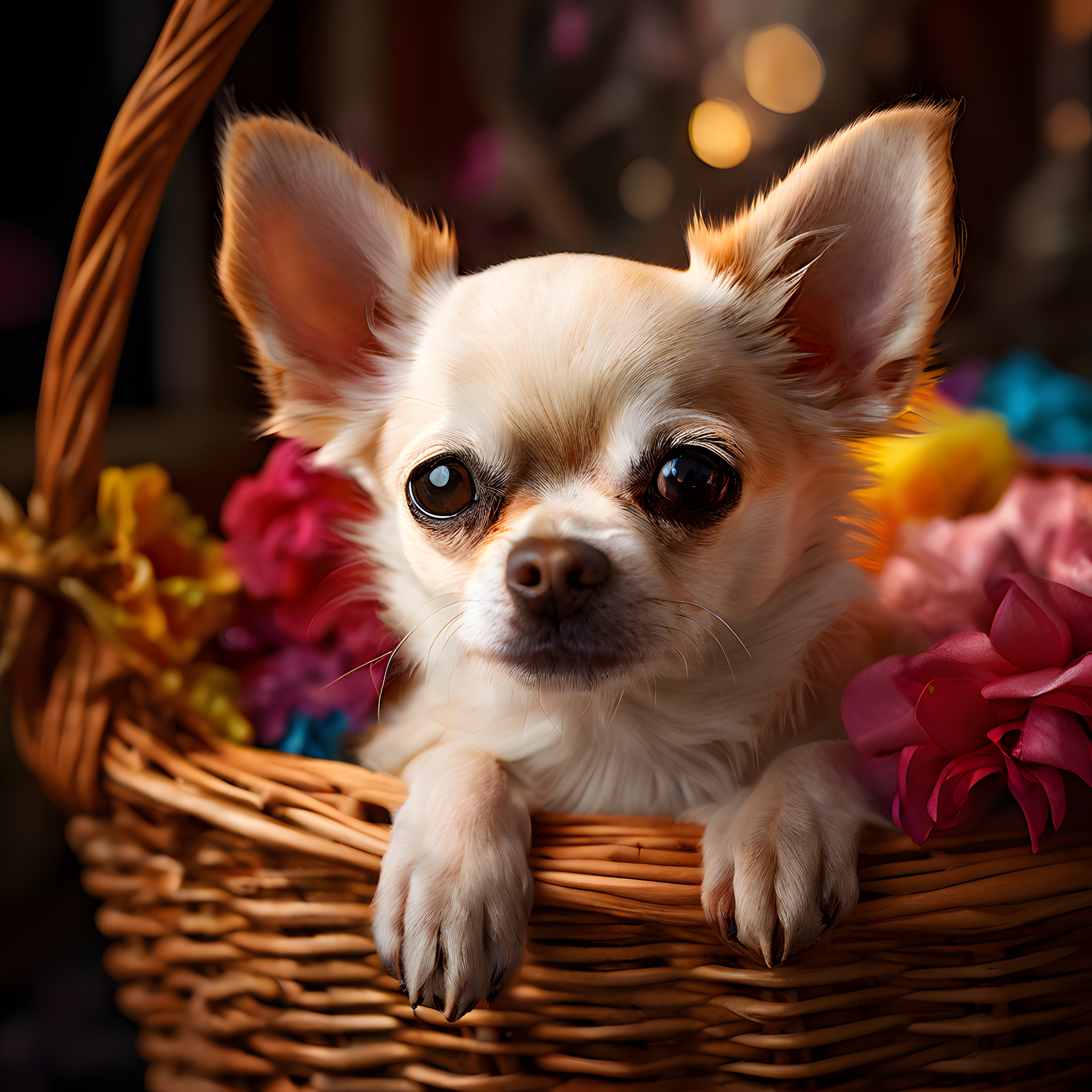 Sepetin İçinde Çiçeklerle Çevrili Tatlı Bir Chihuahua Köpek Yavrusu Portresi