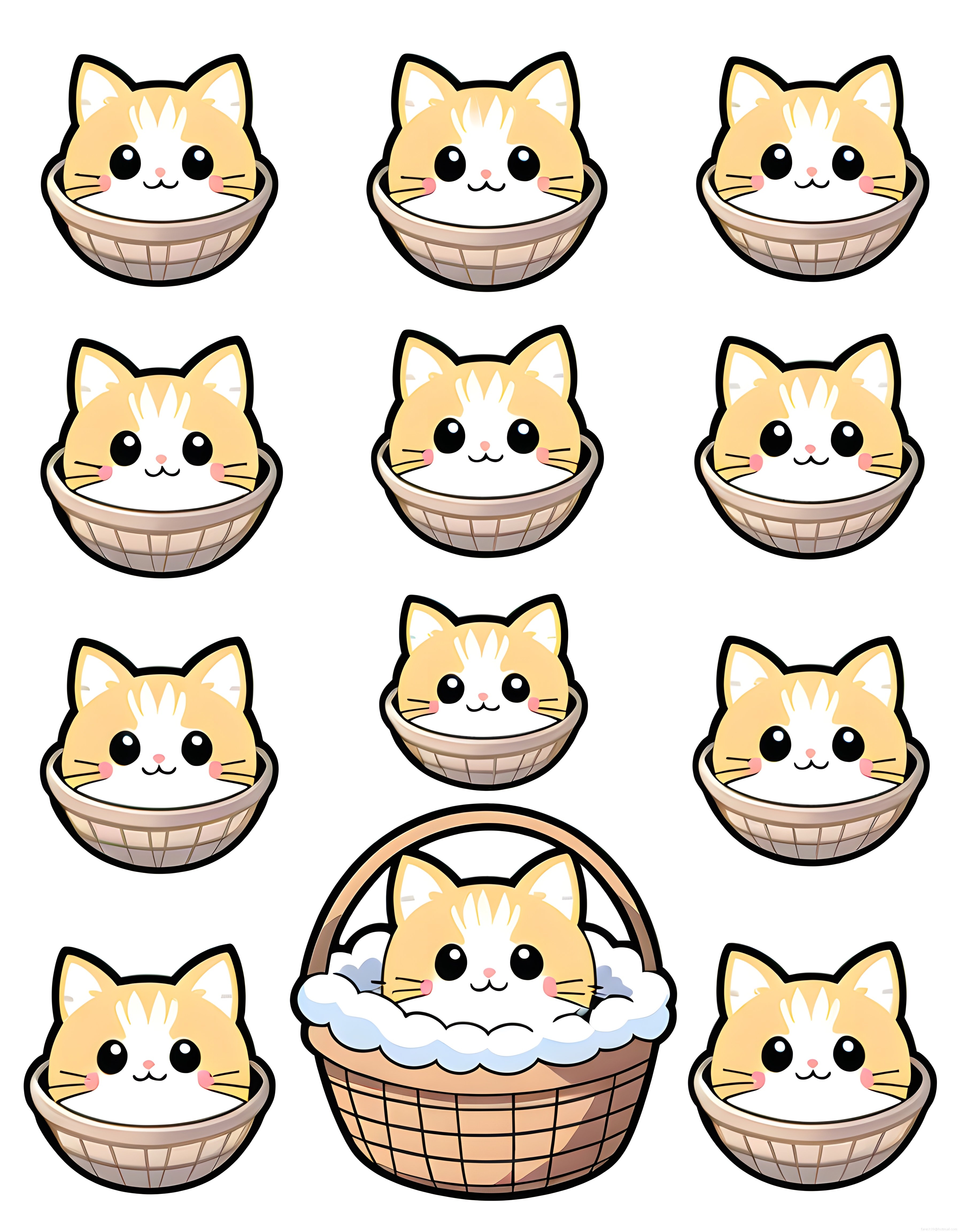 Sepette oturan sevimli kawaii turuncu beyaz kedi yavrusu dijital çizim seti