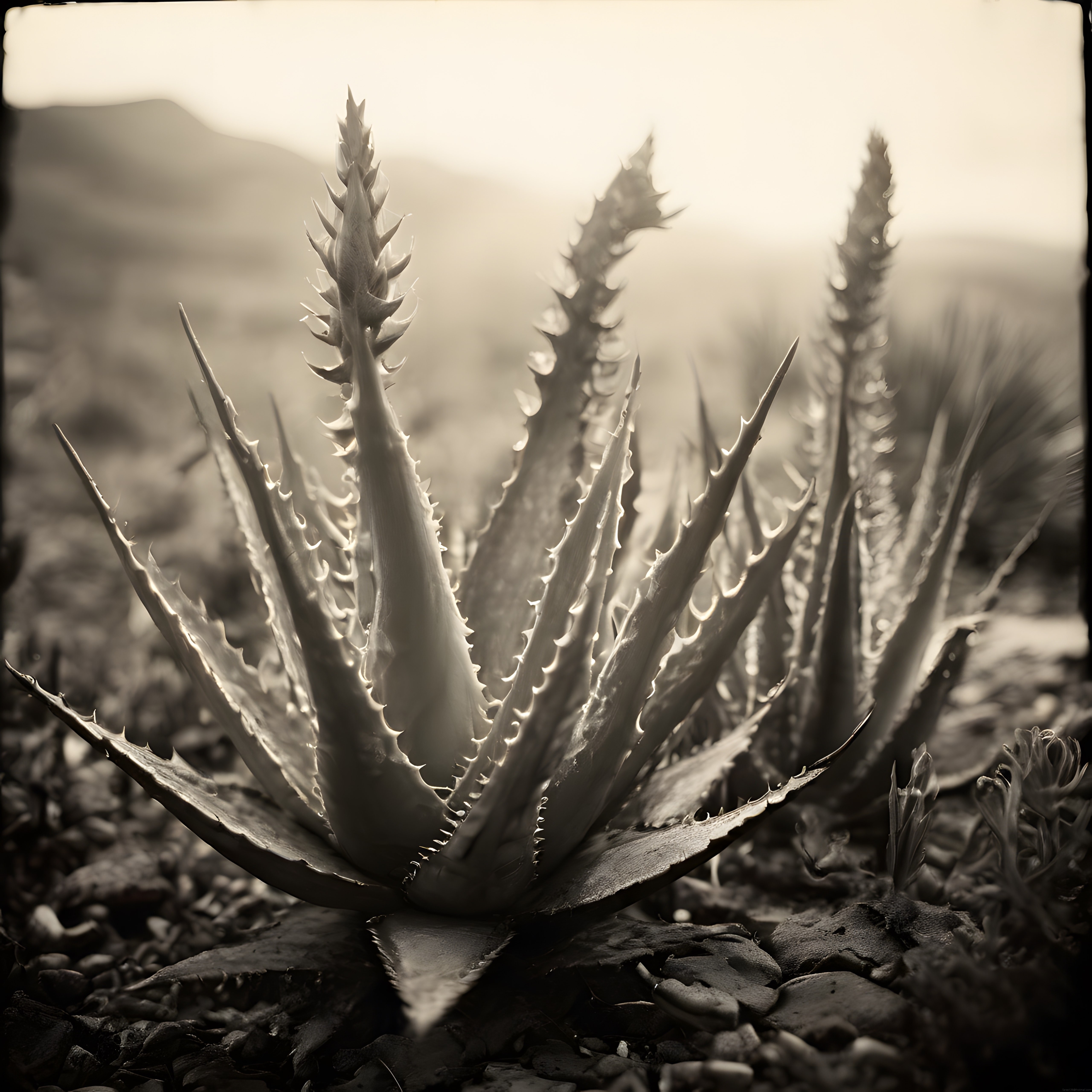 Sepya Tonlarında Aloe Vera Bitkisi ve Sisli Dağ Manzaralı Vintage Doğa Fotoğrafı