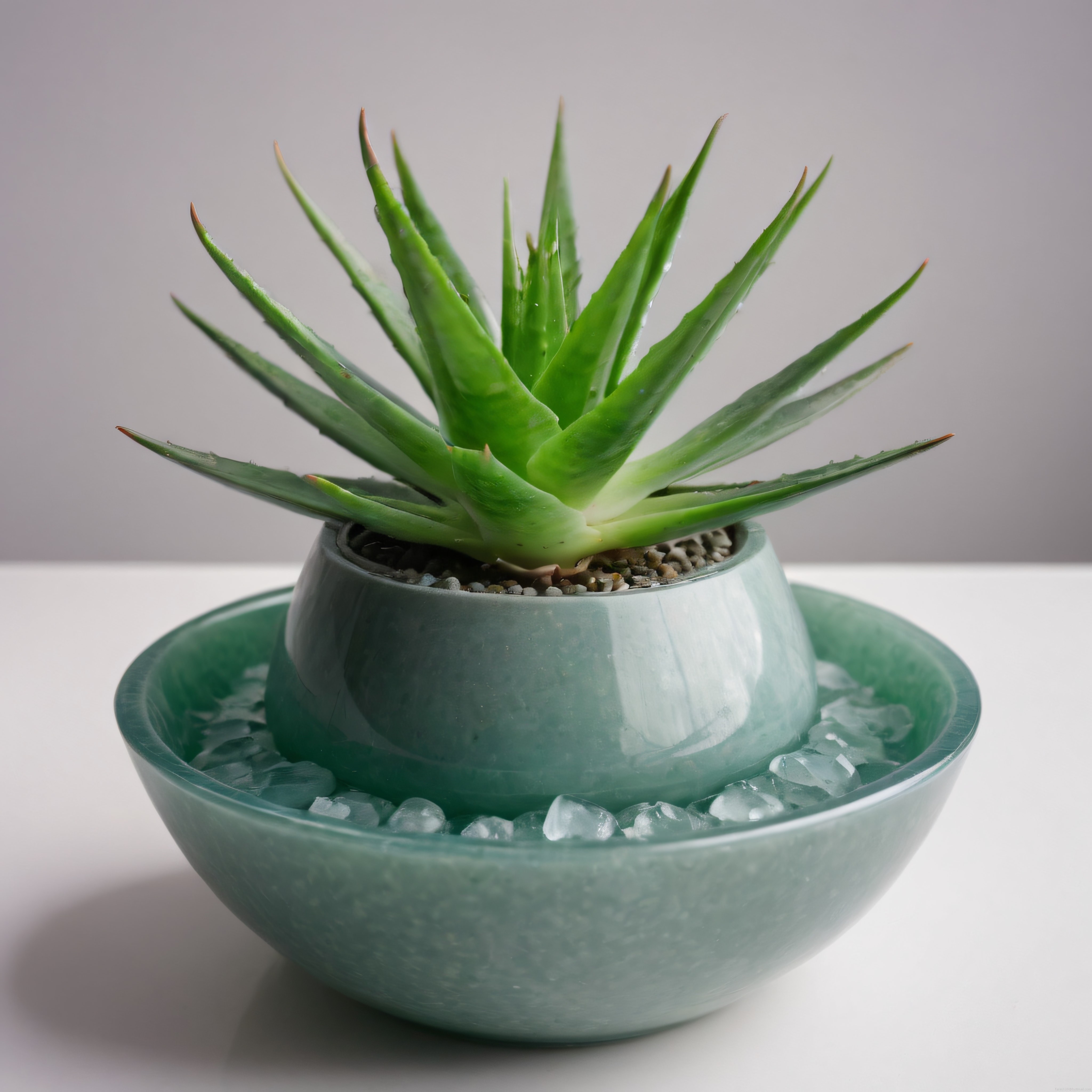 Seramik kasede buzlar arasında konumlanmış aloe vera saksı bitkisi