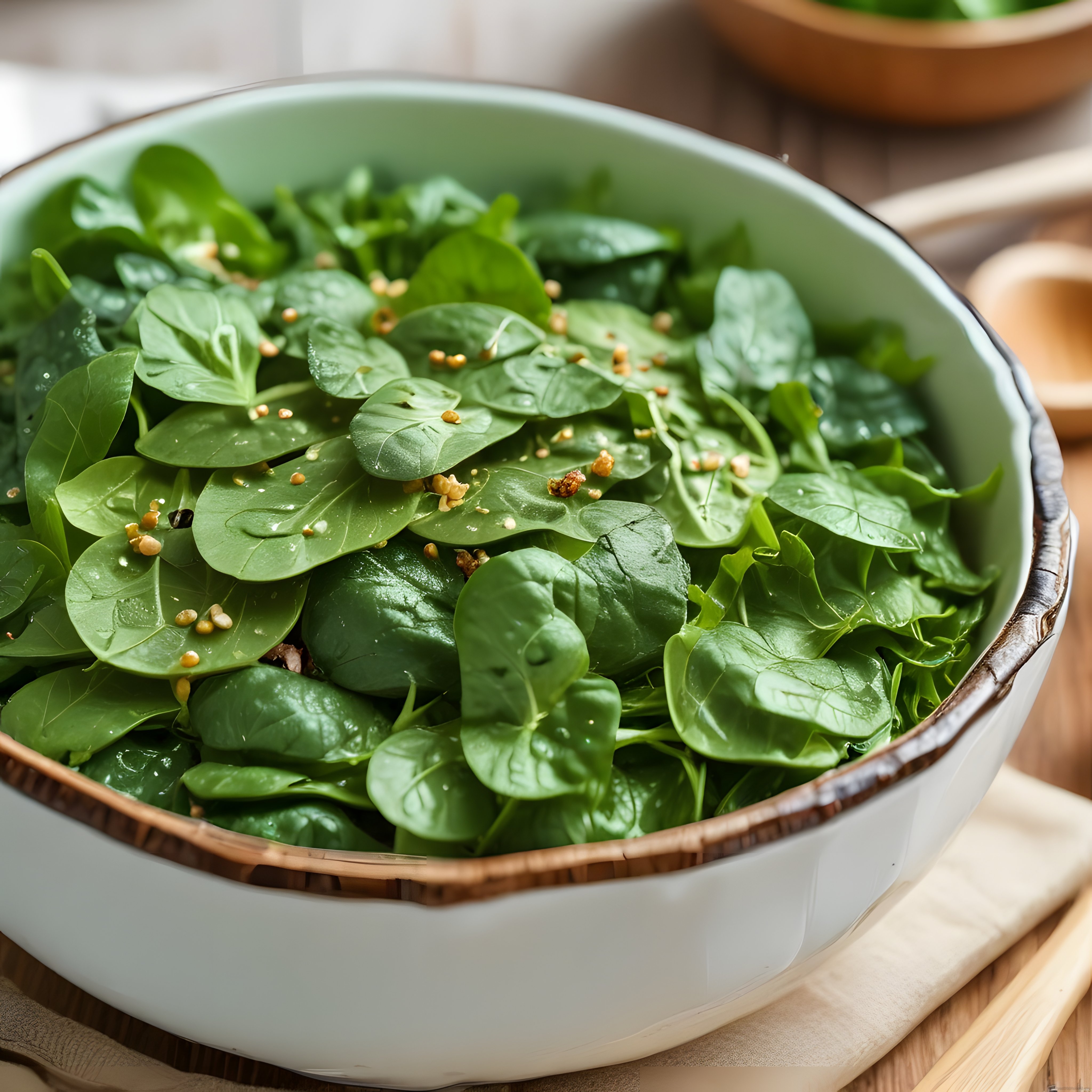Seramik Kasede Ispanak Yaprakları ve Tohumlu Sağlıklı Yeşil Salata