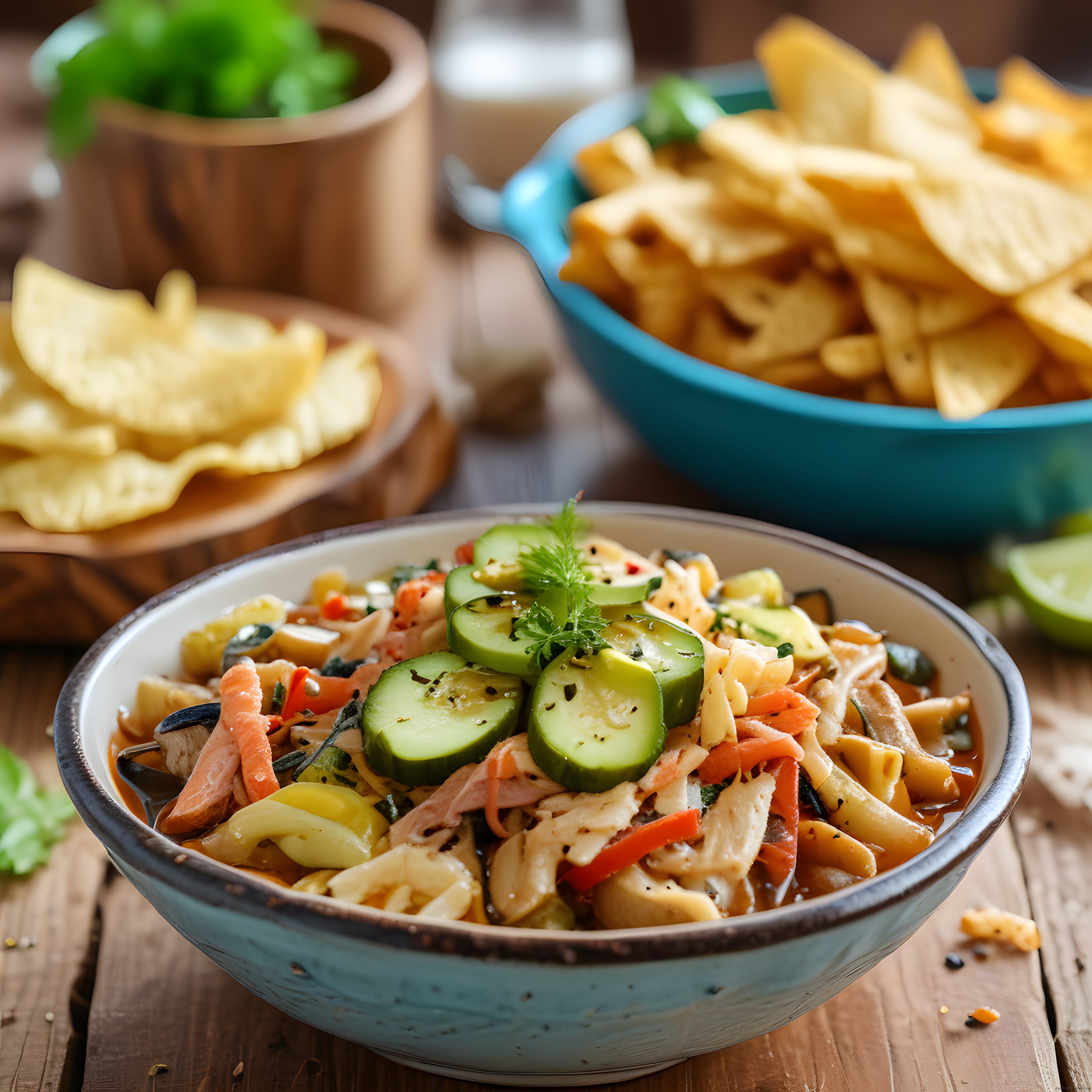 Seramik Kasede Renkli Sebzeli Tavuklu Salata ve Çıtır Cips ile Nefis Sunum