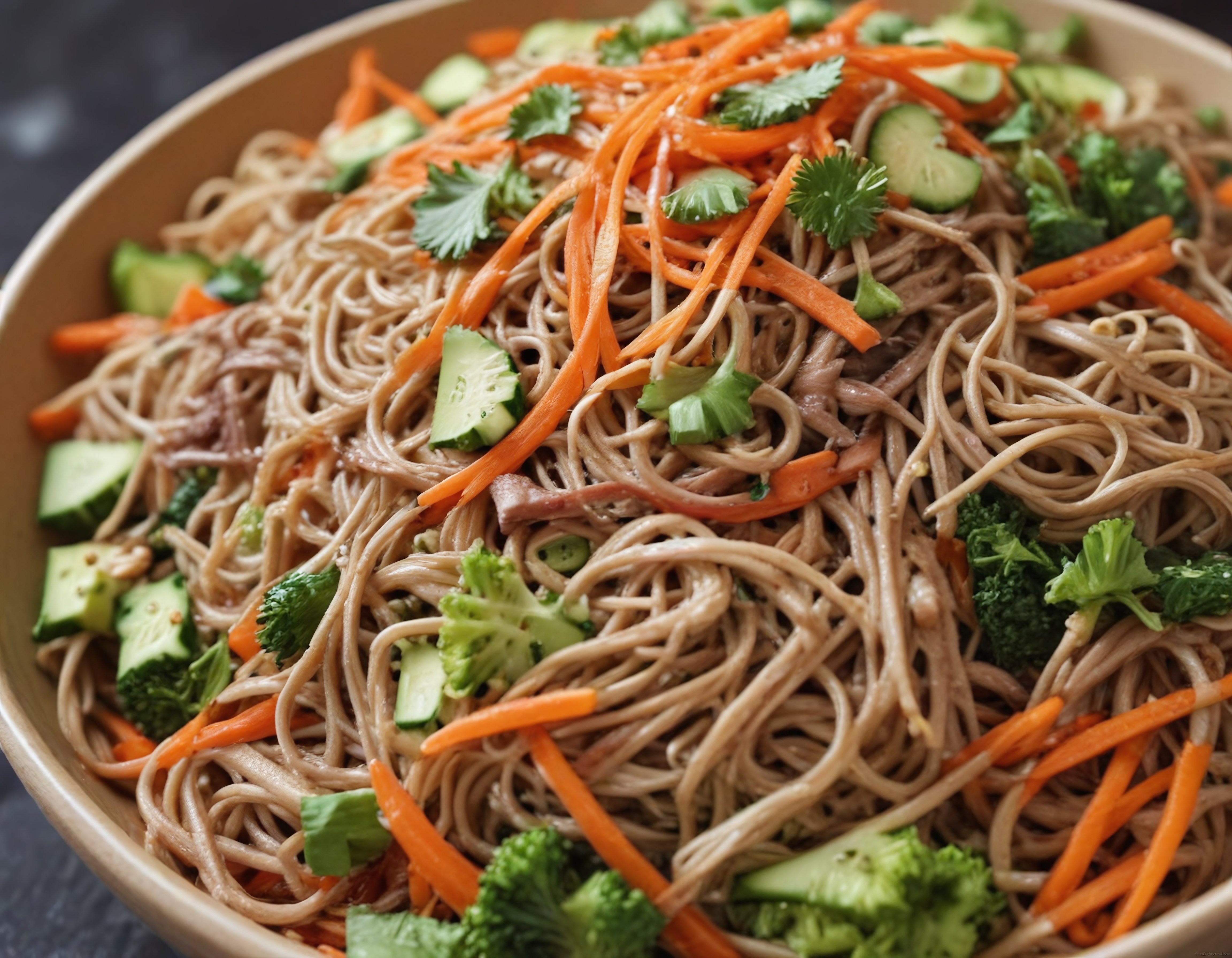 Seramik Kasede Renkli Sebzeli Taze Soba Noodle Salatası Sunumu