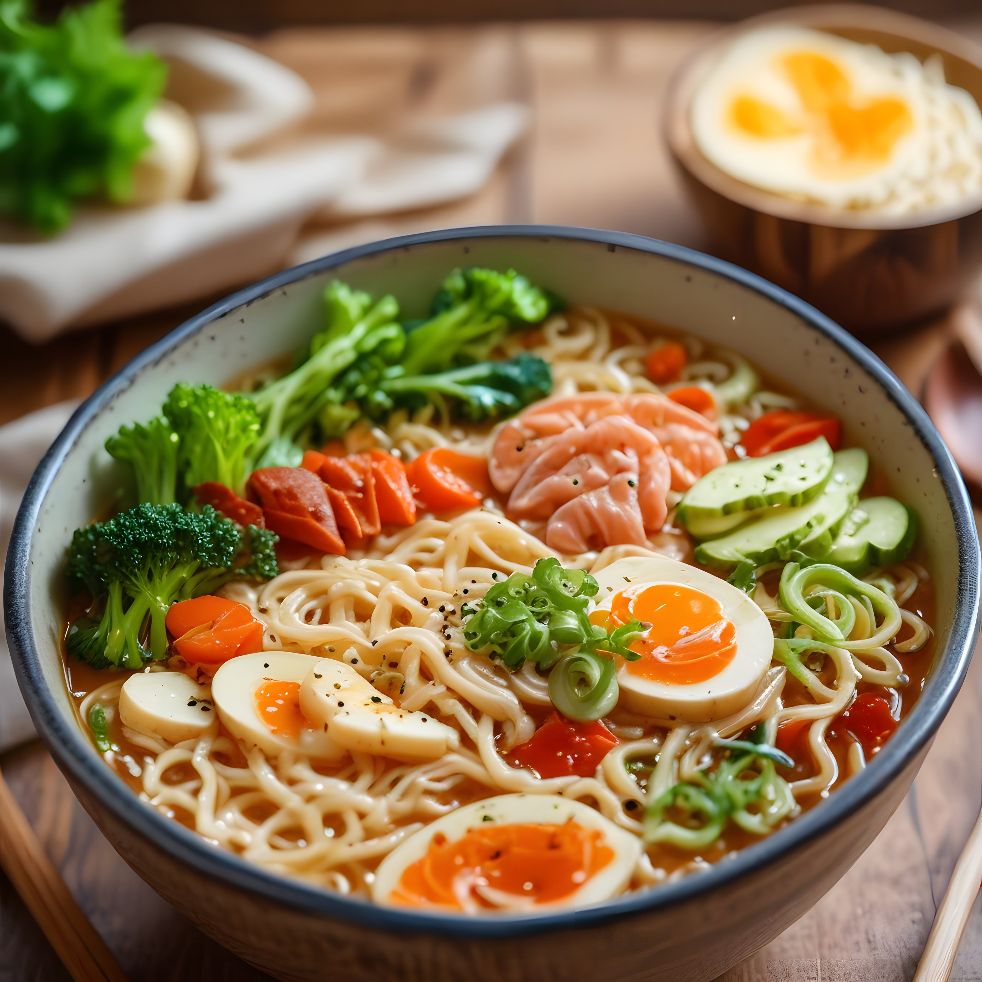 Seramik Kasede Sebzeli Sıcak Ramen Çorbası ve Yumuşak Haşlanmış Yumurta