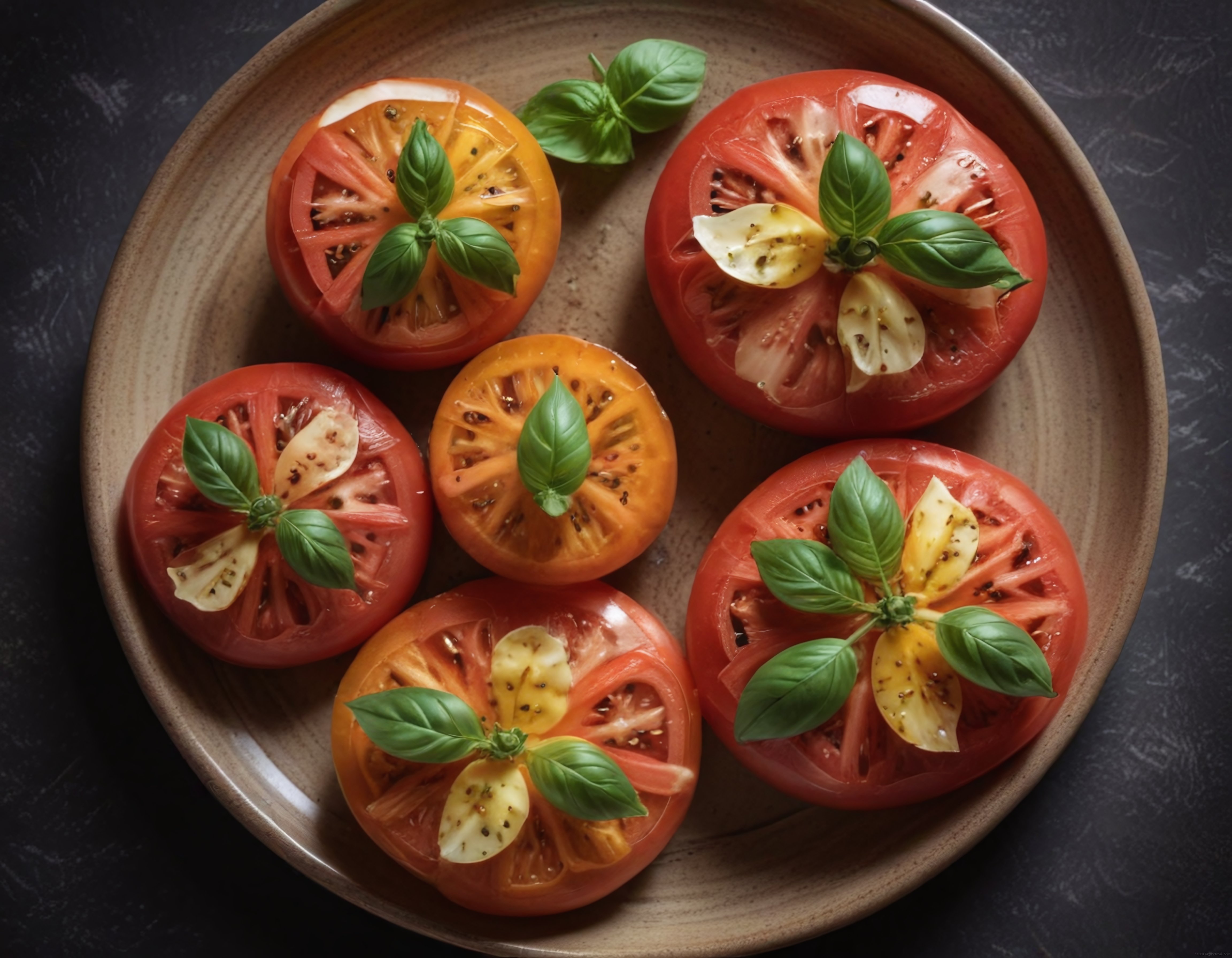 Seramik Kasede Taze Fesleğen ve Domates Dilimleriyle Caprese Salatası