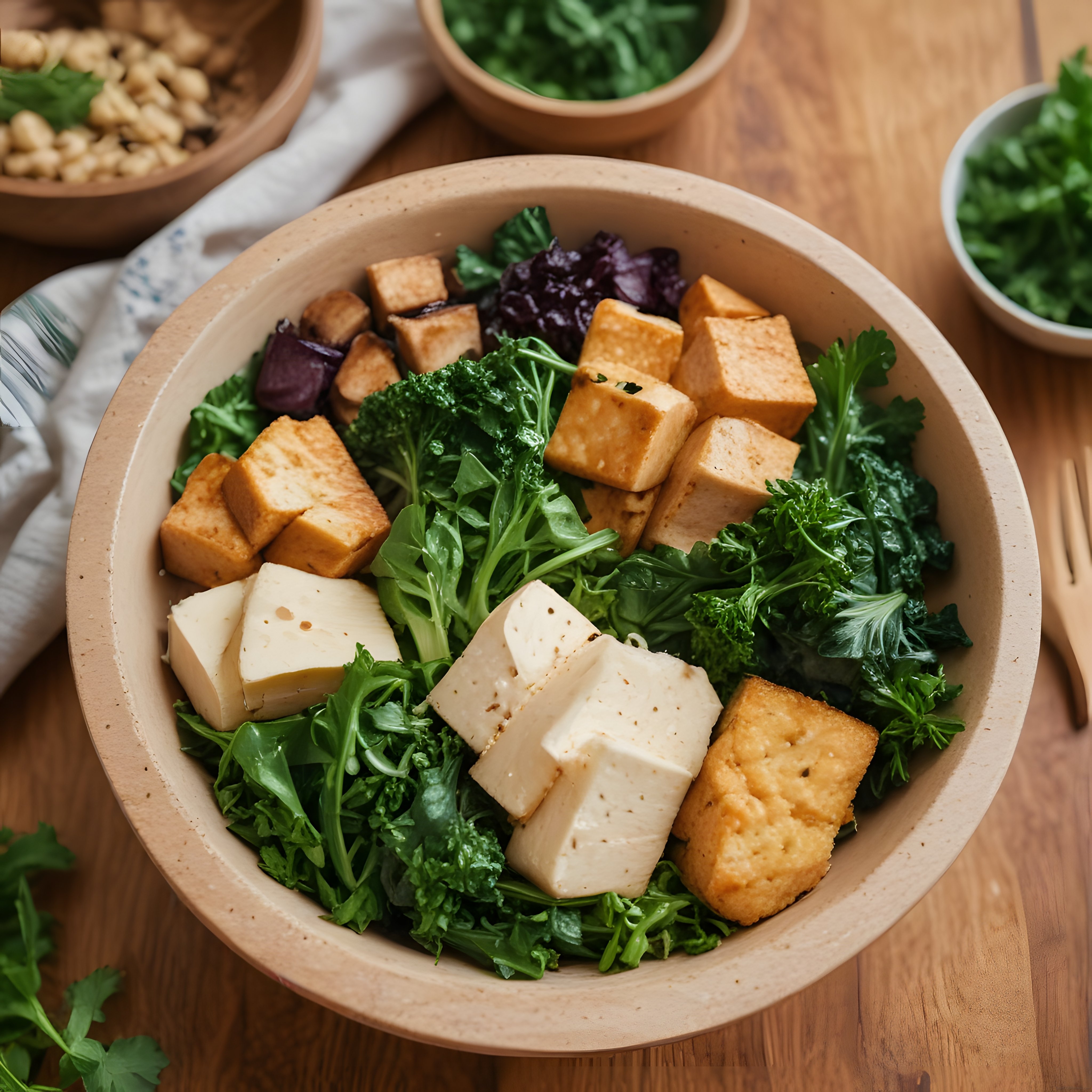 Seramik kasede tofu, yeşil salata ve turpla hazırlanmış renkli vegan buddha bowl