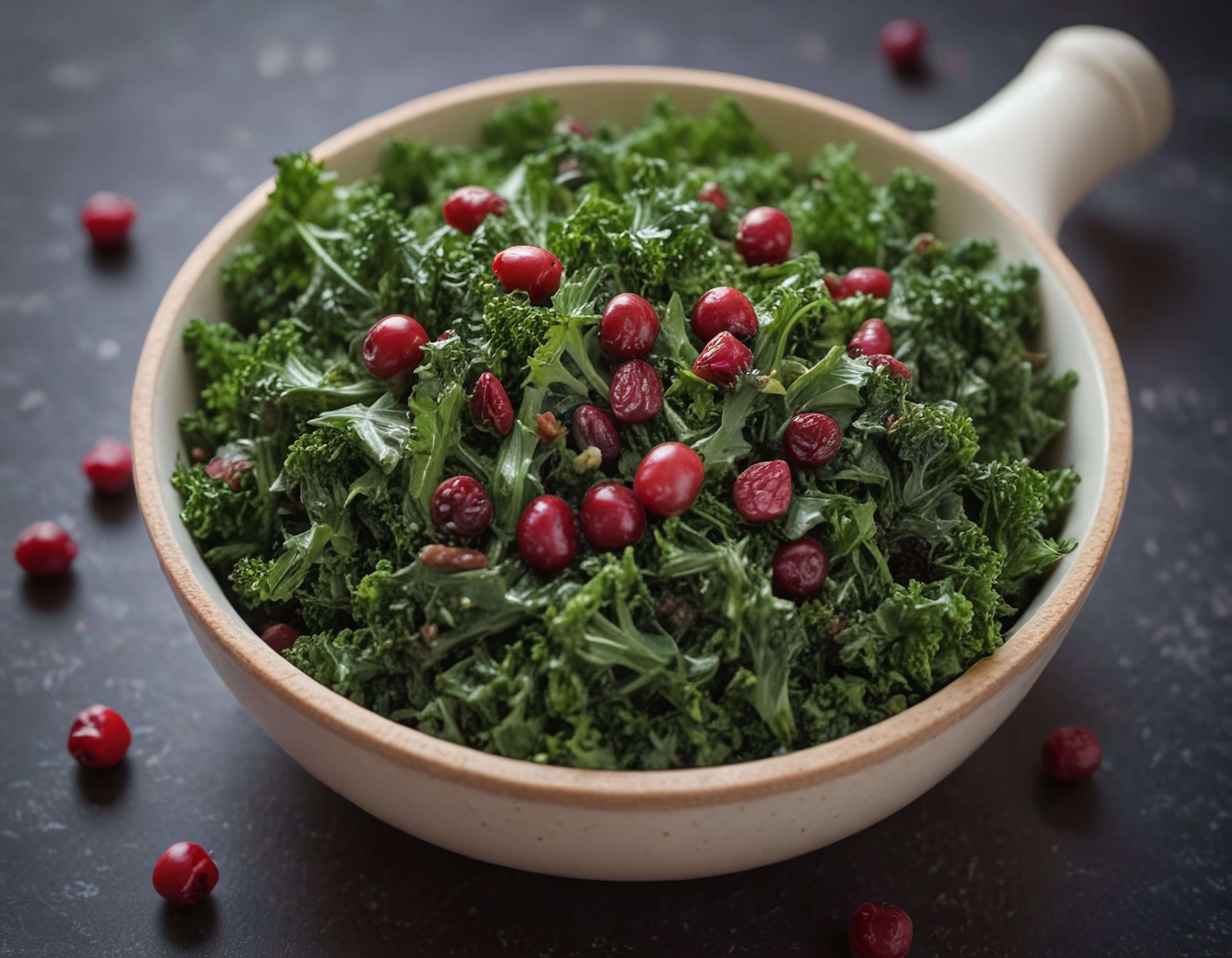 Seramik Kasede Yaban Mersinli ve Kuruyemişli Taze Yeşil Salata Sunumu