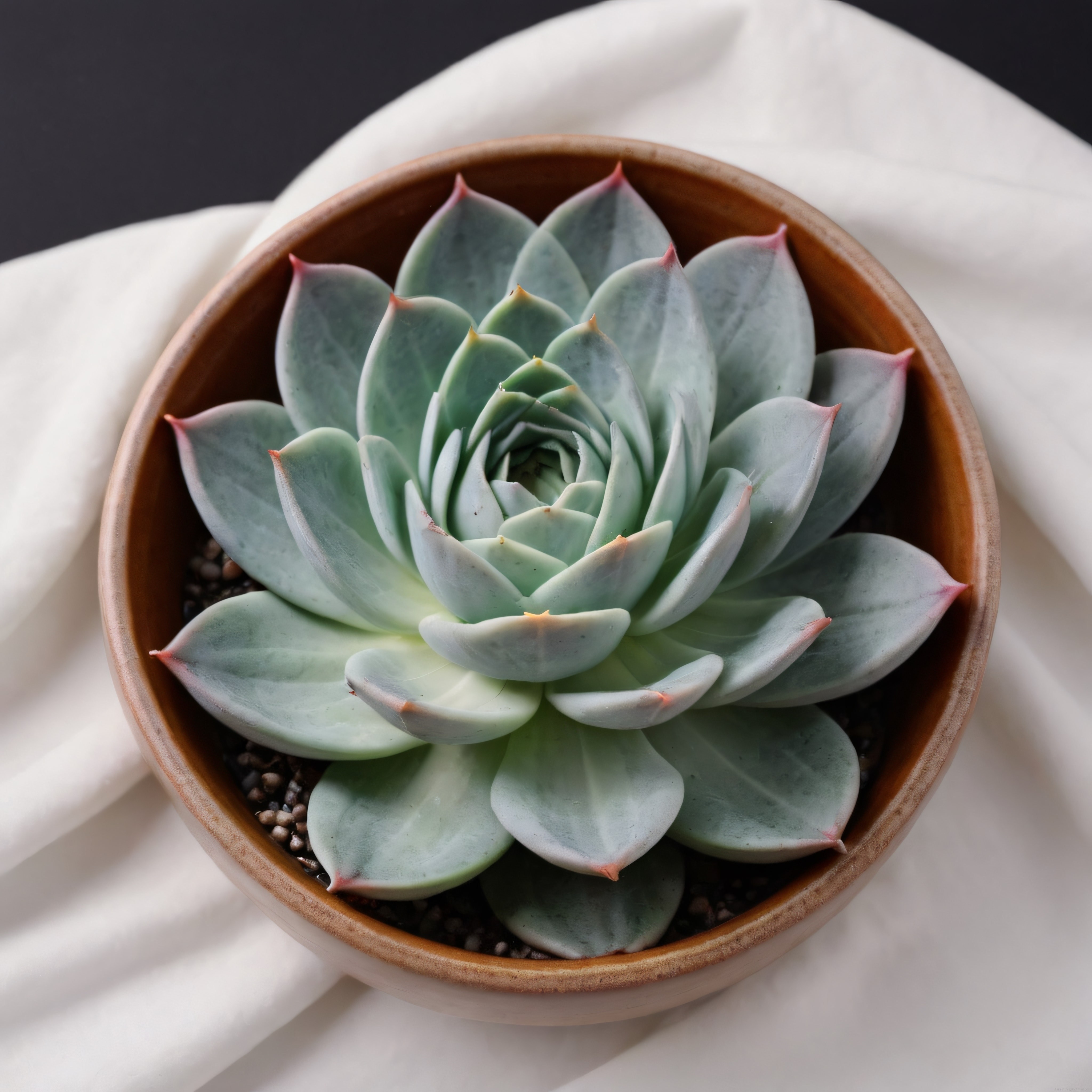 Seramik Saksıda Echeveria Sukulent ve Beyaz İpek Kumaş Detayı