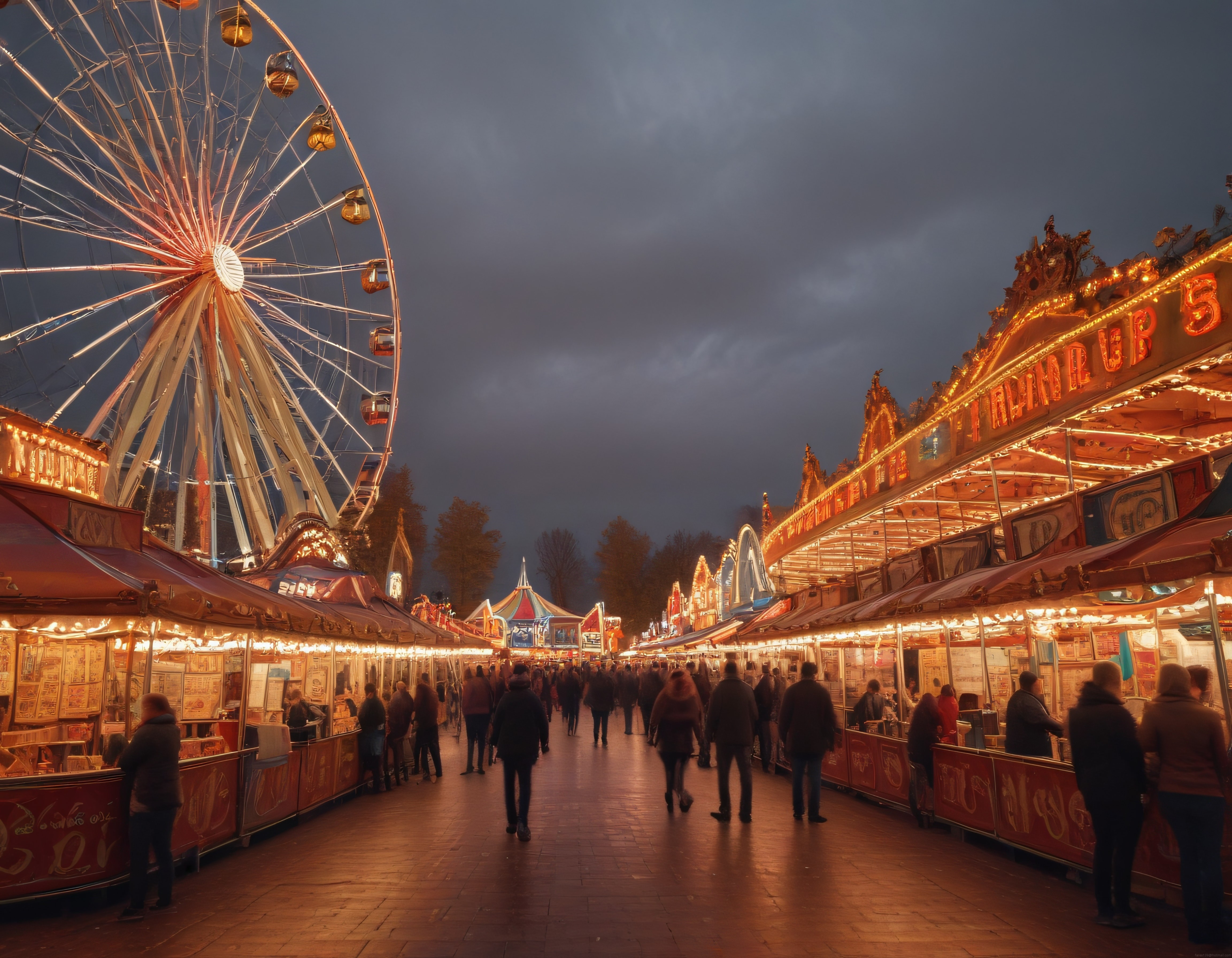 Serin Bir Akşamda Lunaparkın Büyüleyici Işıkları ve Dönme Dolabı