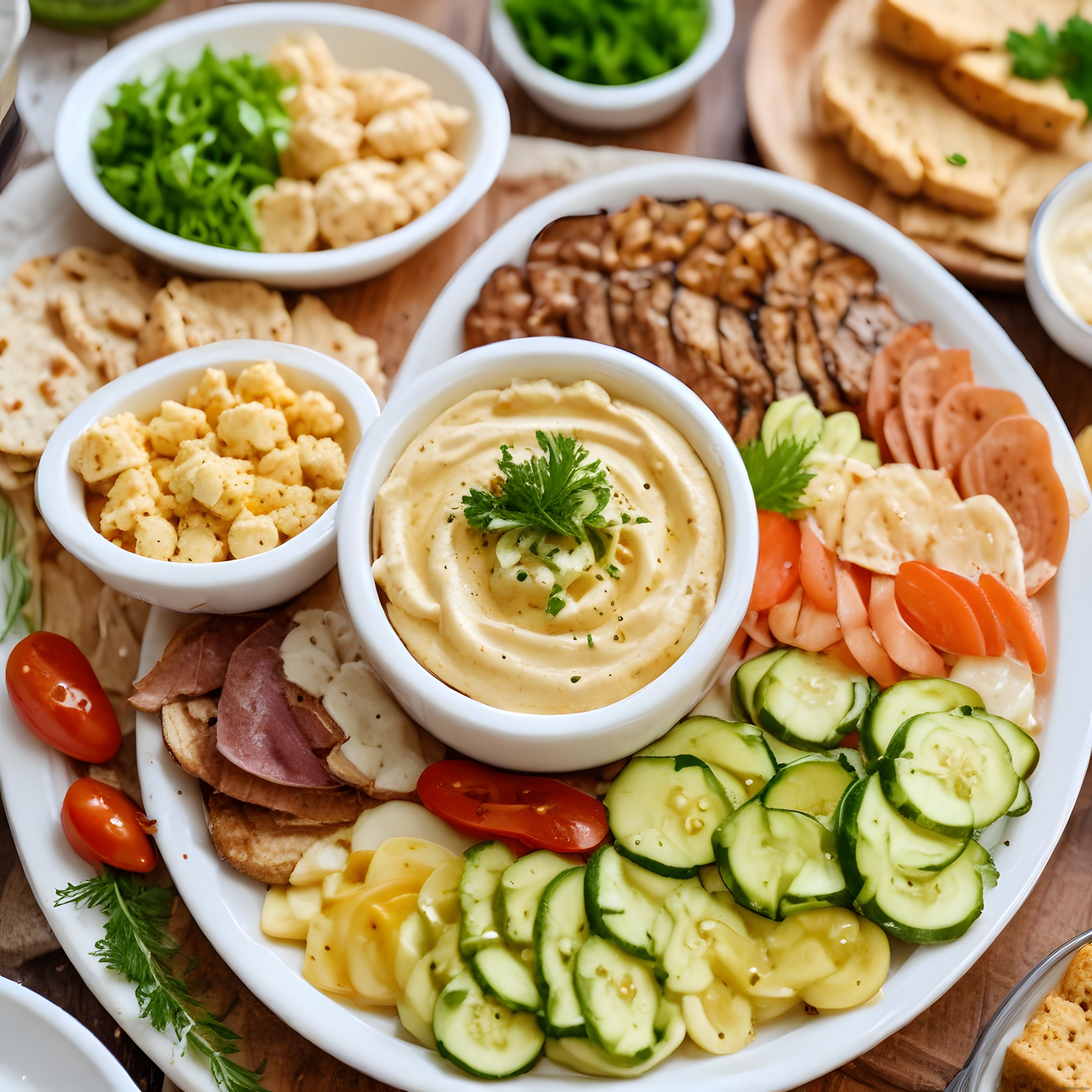Serpme Kahvaltı Tabağı: Humus, Çeşitli Peynirler, Salam ve Taze Sebze