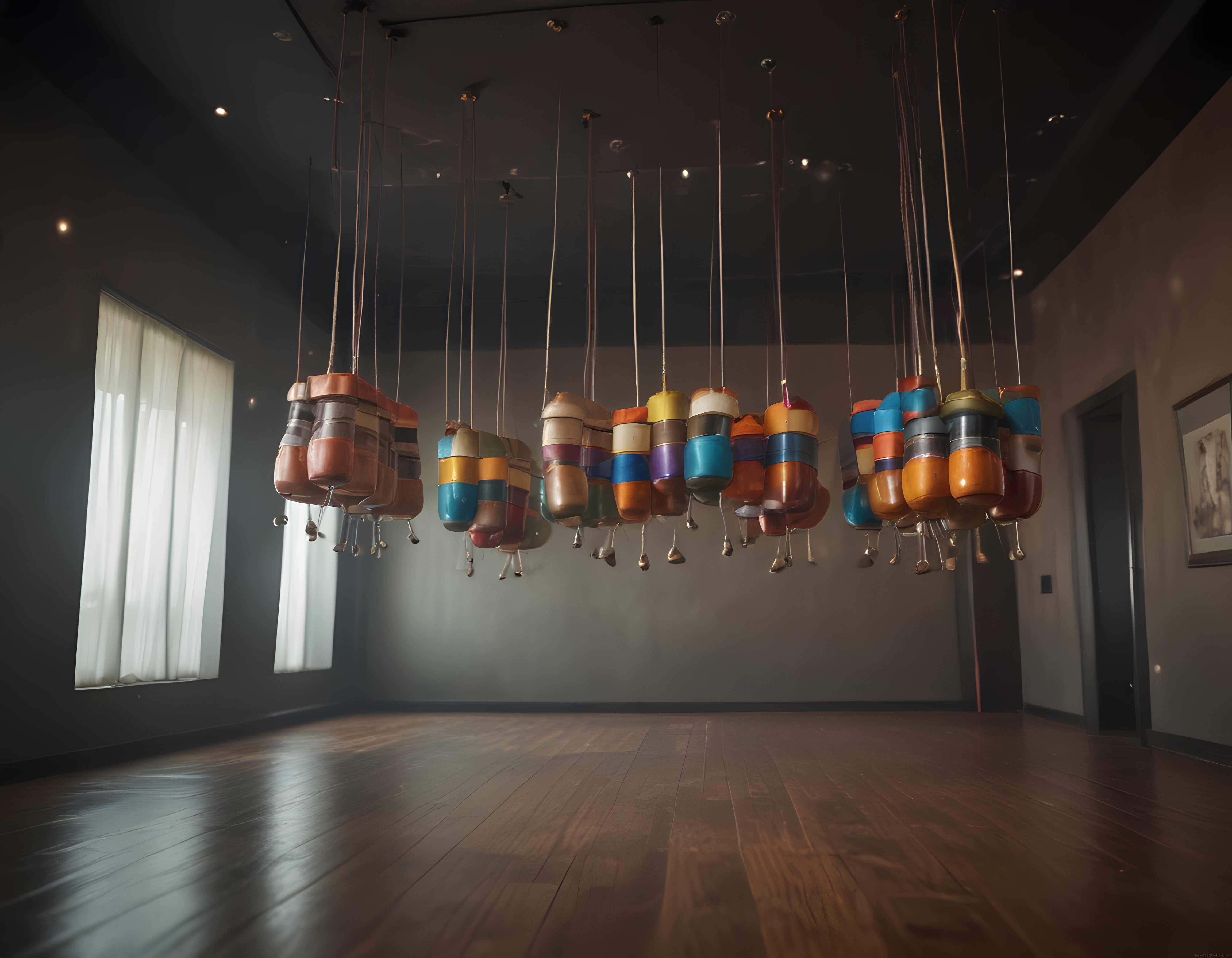 Sessiz Sanat Galerisinde Tavanlardan Sarkan Renkli Modern Heykeller