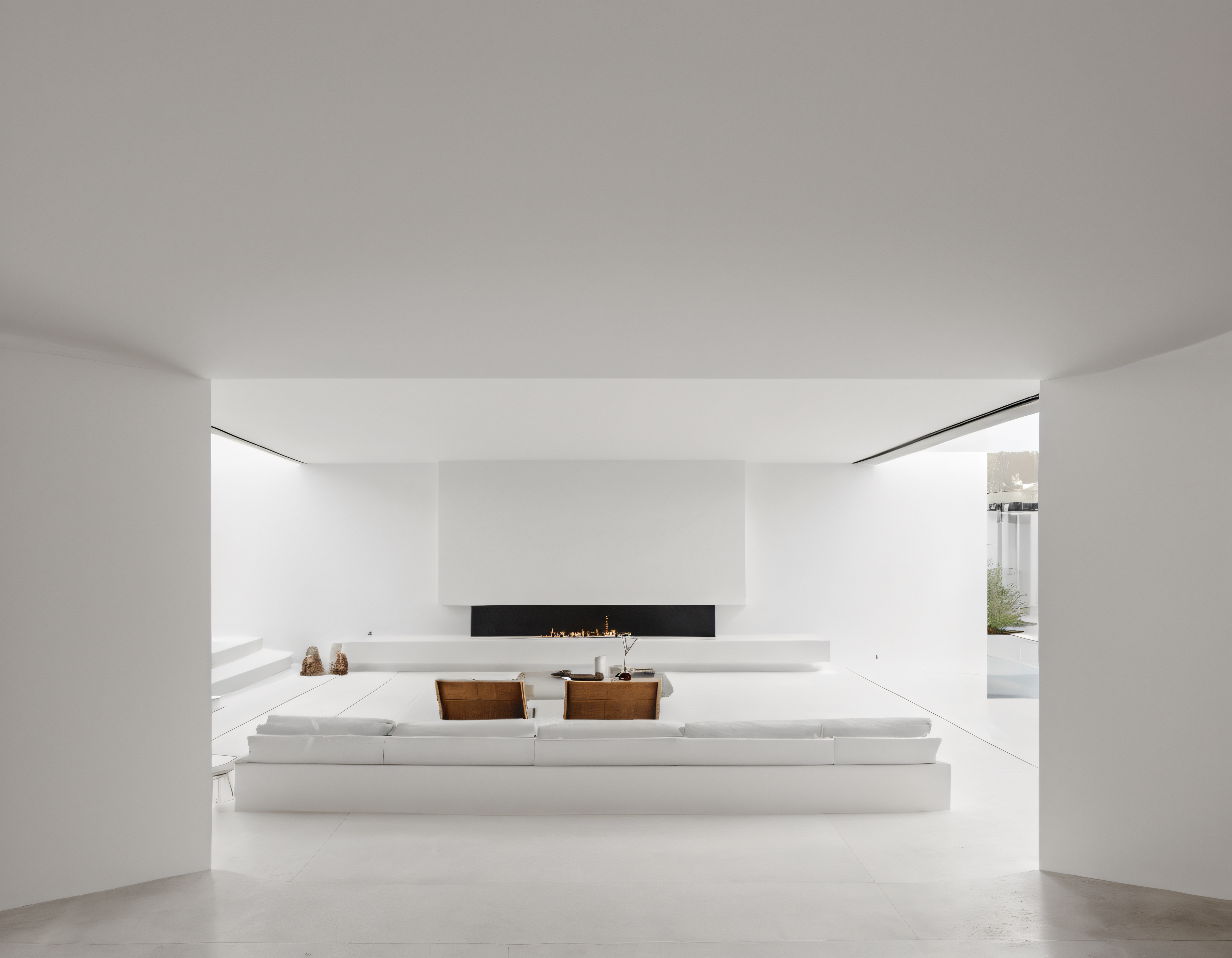 Sessizliğin Hakim Olduğu Beyaz Minimalist Salon ve Modern Şömine Tasarımı