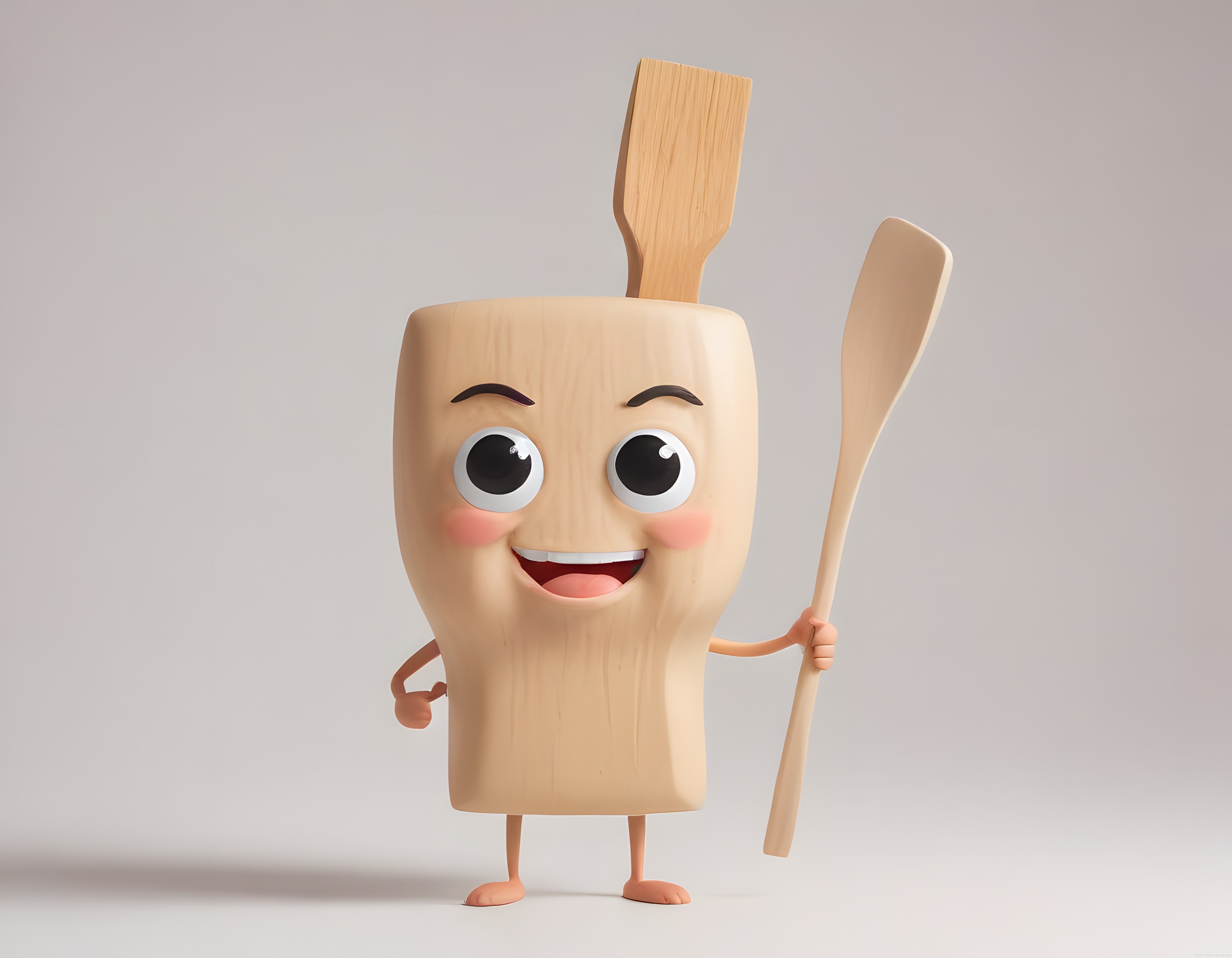 Sevimli 3D Ahşap Spatula Karakteri Gülümseyerek Tahta Kaşık Tutuyor