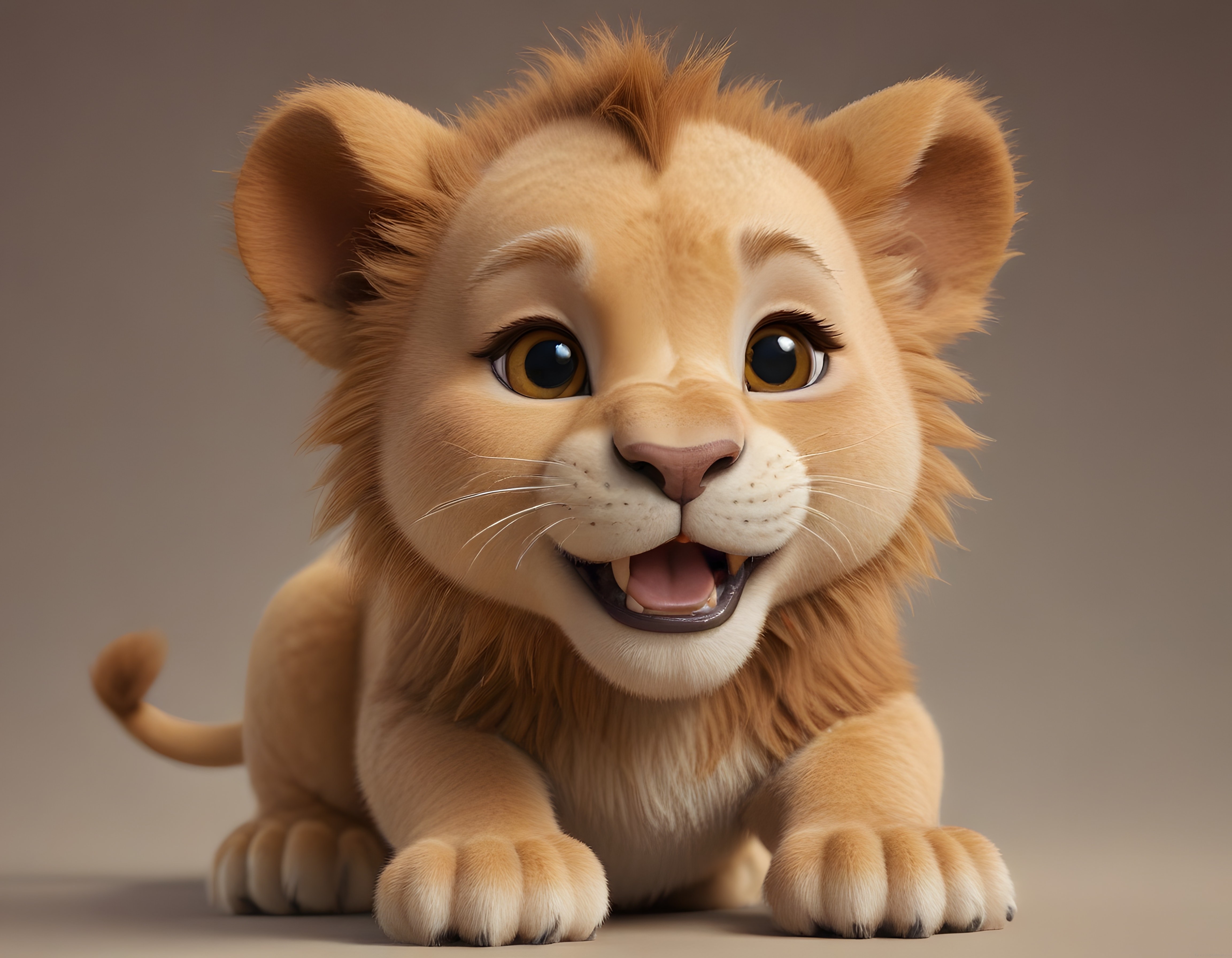 Sevimli 3D Animasyon Aslan Yavrusu: Büyük Gözlü Neşeli Dijital Karakter Tasarımı