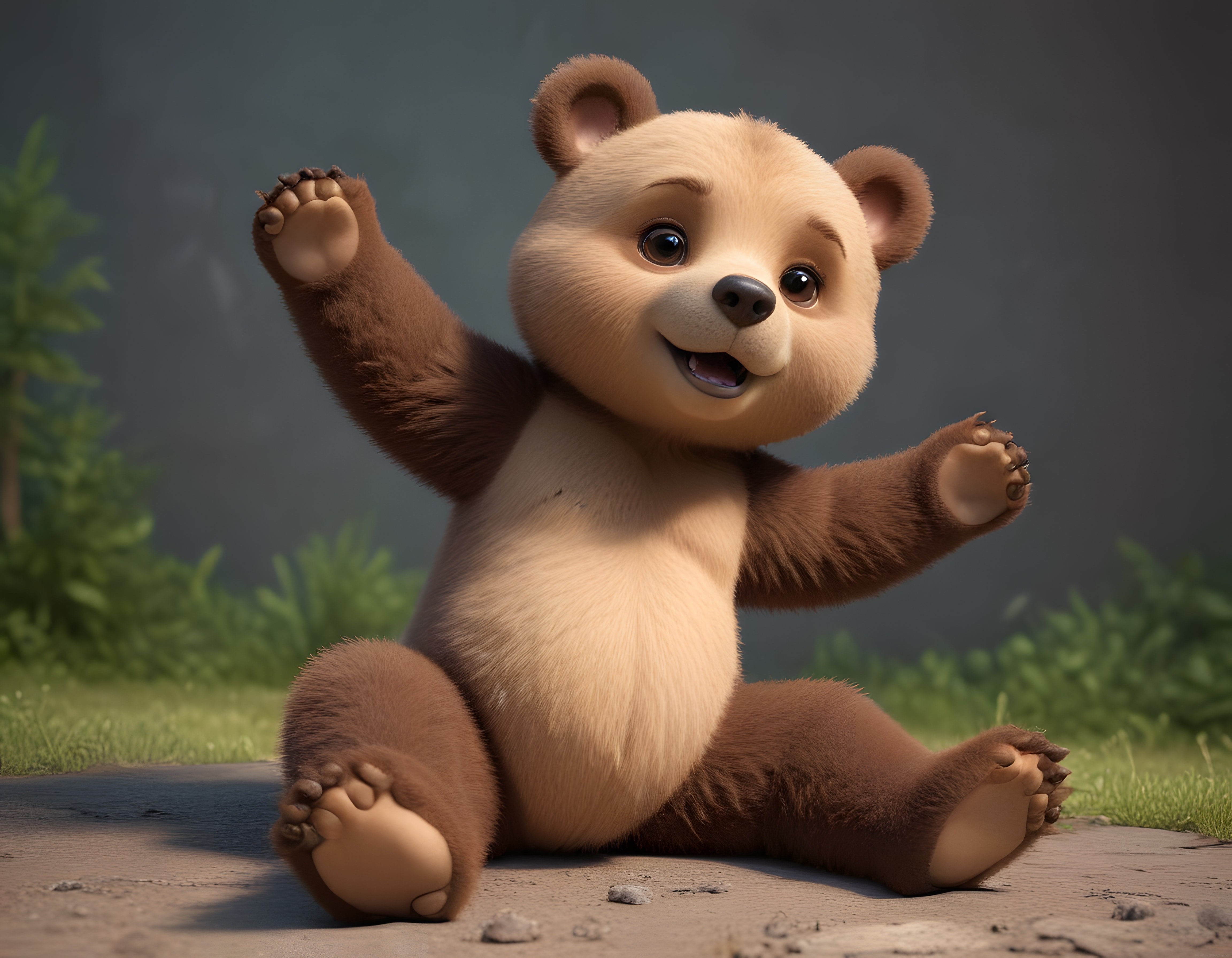 Sevimli 3D Animasyon Ayı Yavrusu Doğada Kollarını Açmış Oturuyor