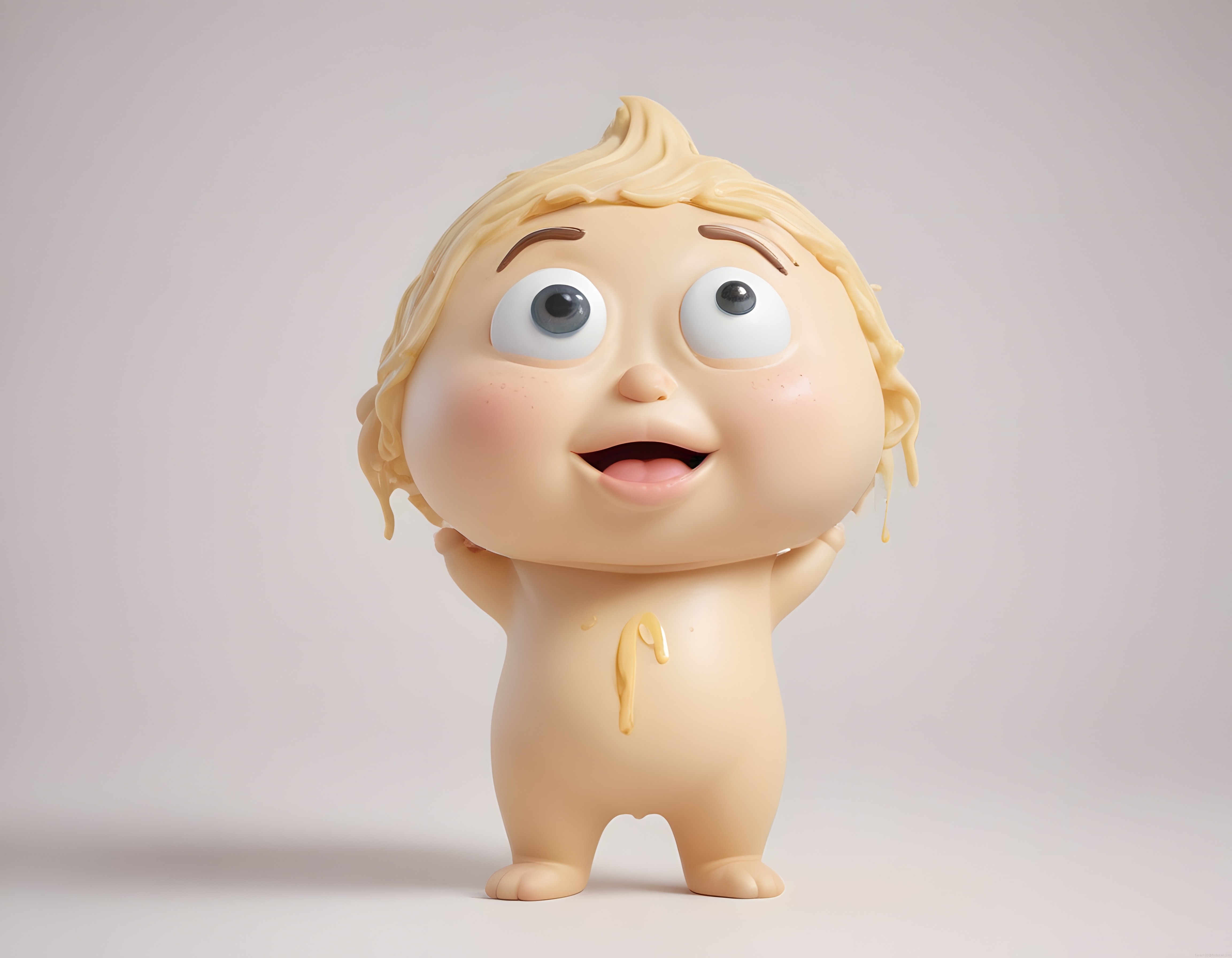 Sevimli 3D animasyon bebeği büyük gözleri ve krem şanti dokusuyla şaşırıyor