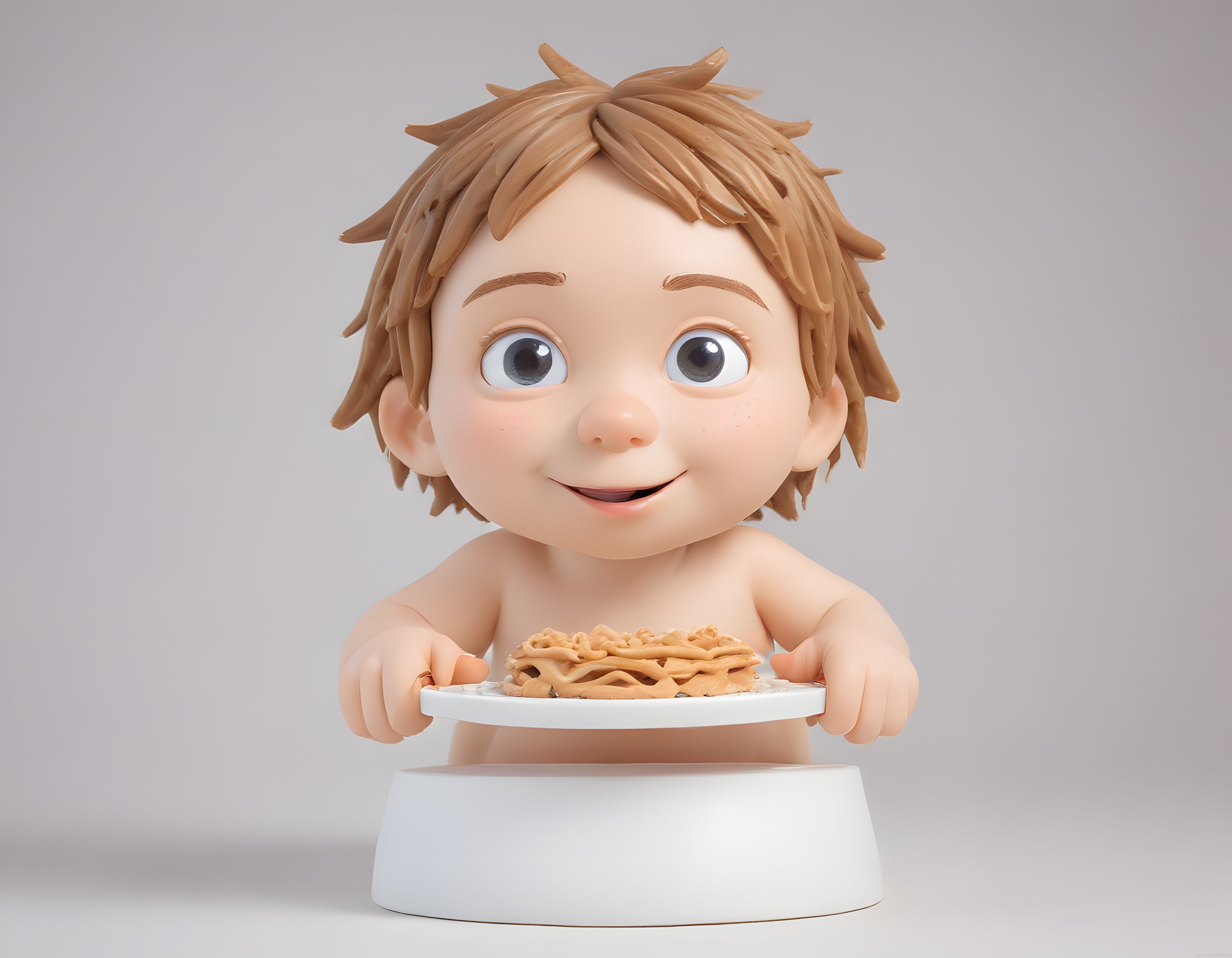 Sevimli 3D Animasyon Bebeği Makarna Tabağını Tutarken Neşeyle Gülümsüyor