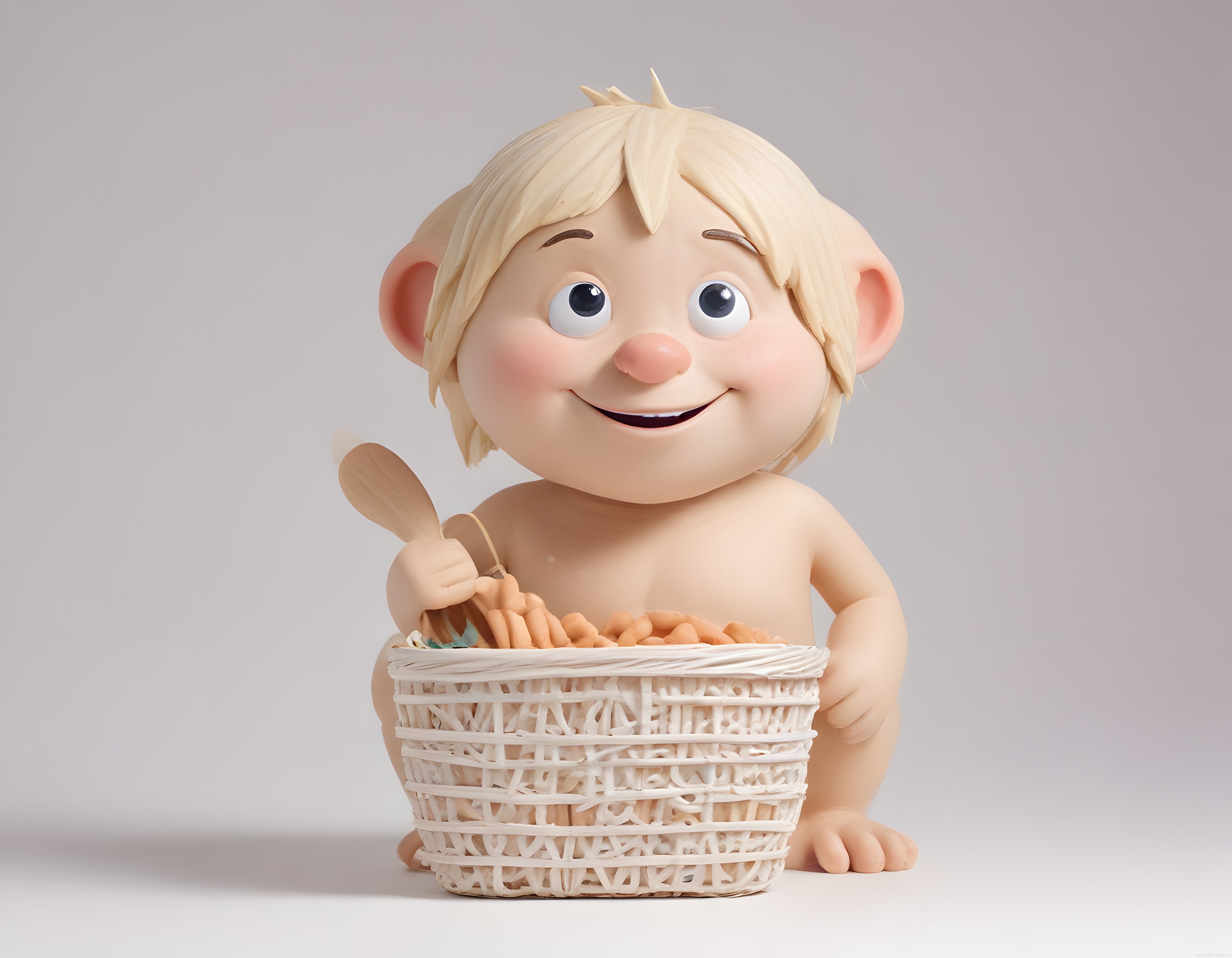 Sevimli 3D Animasyon Bebeği Tahta Kaşık ve Makarna Sepetiyle Gülümsüyor