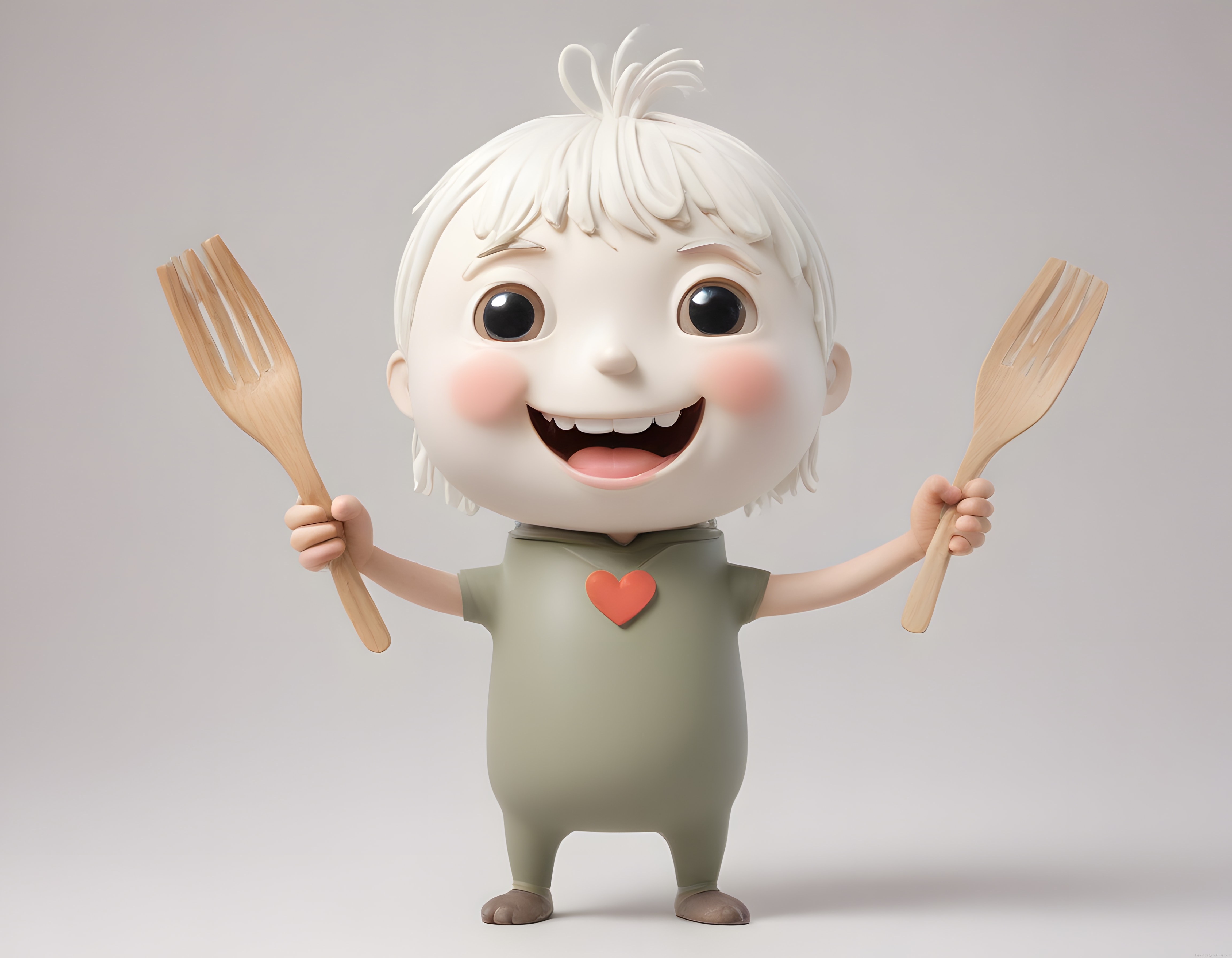 Sevimli 3D Animasyon Bebek Karakteri Ahşap Mutfak Aletleriyle Gülümsüyor