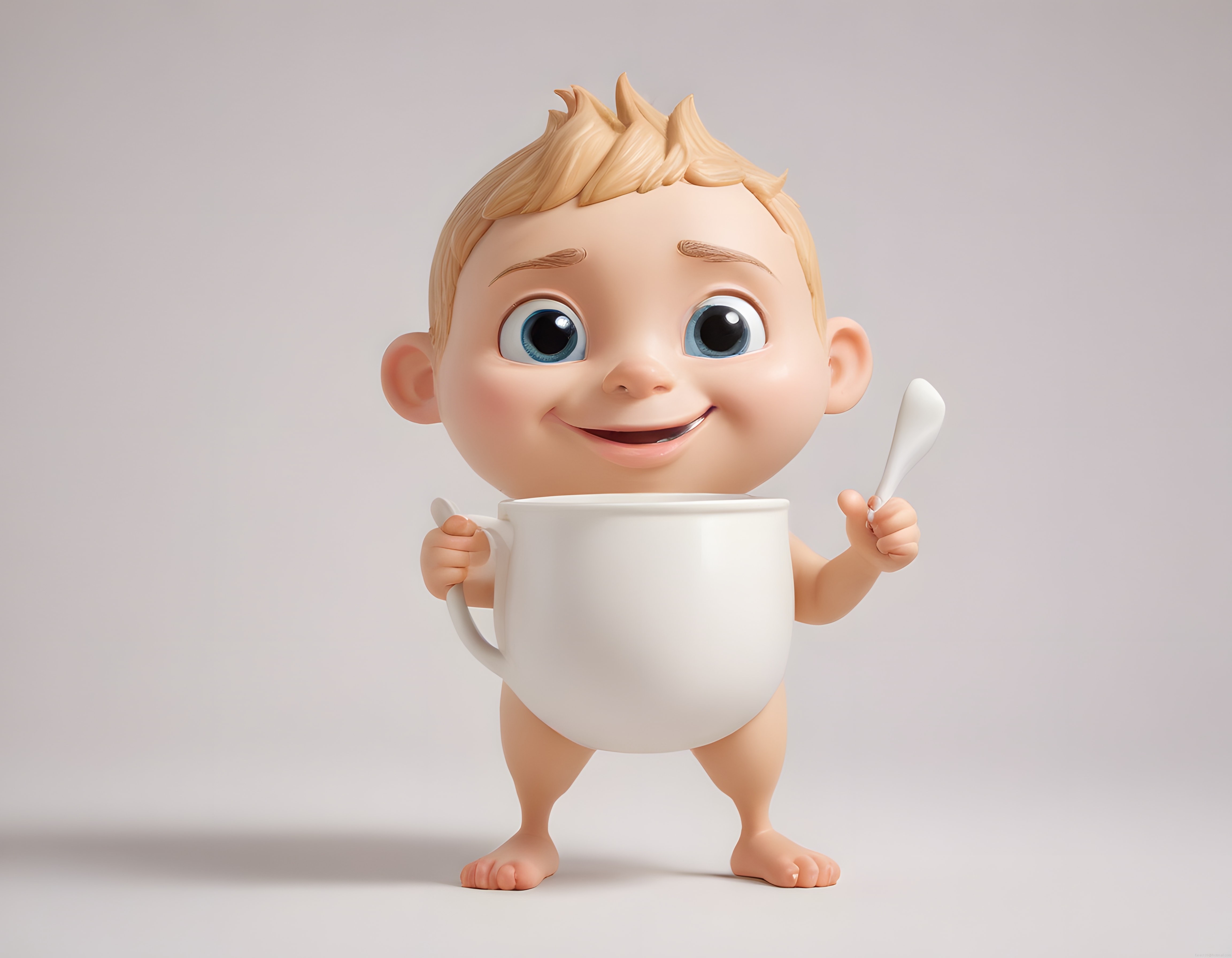Sevimli 3D Animasyon Bebek Karakteri Büyük Beyaz Kupasını ve Kaşığını Tutarken