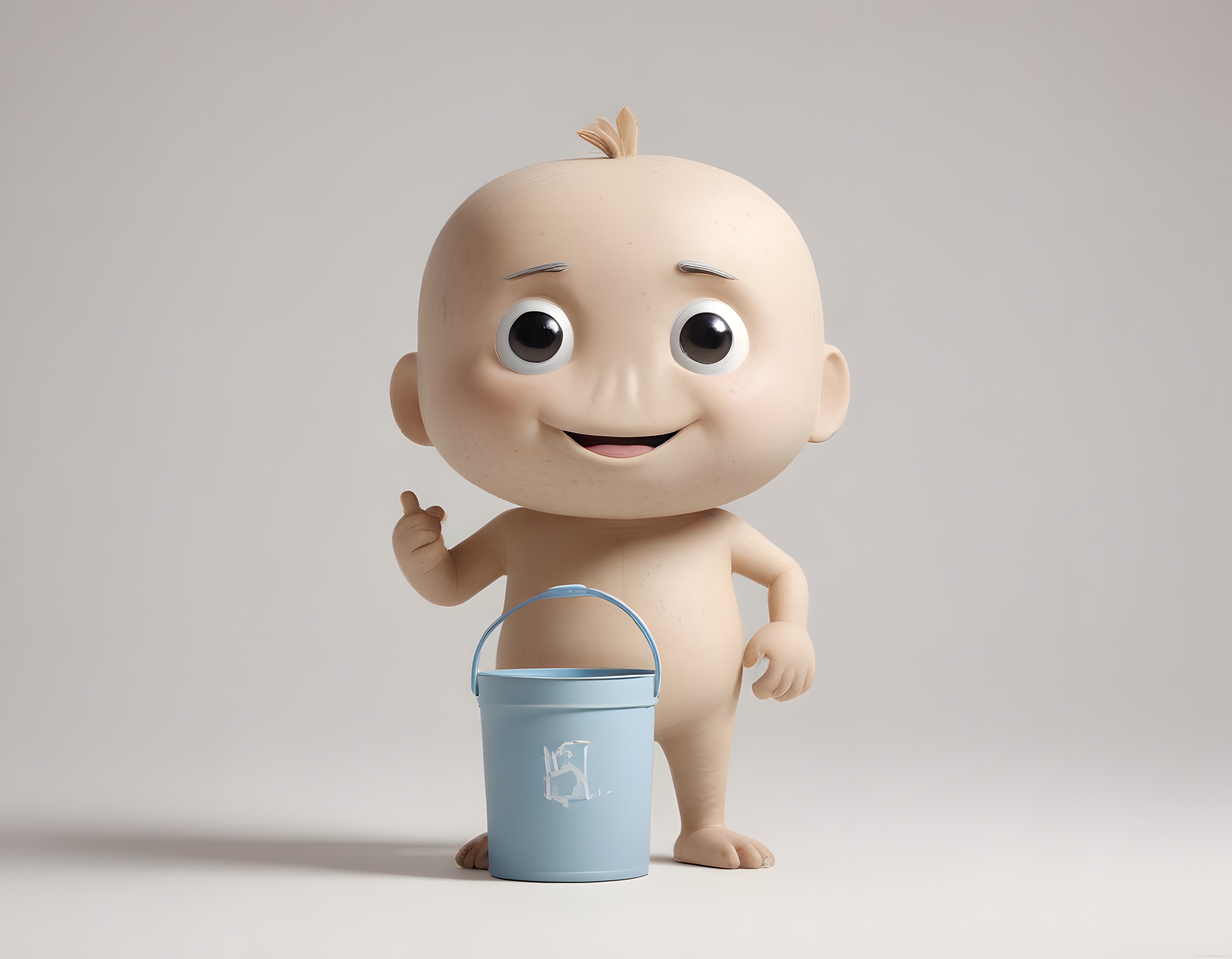 Sevimli 3D Animasyon Bebek Karakteri Elinde Mavi Kovayla Gülümsüyor